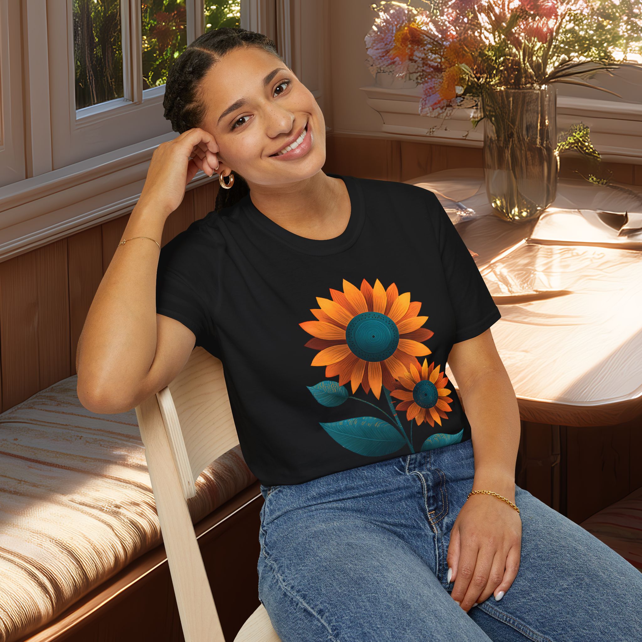Minimalist Sunflower Duo T-Shirt – Modern Garden Style