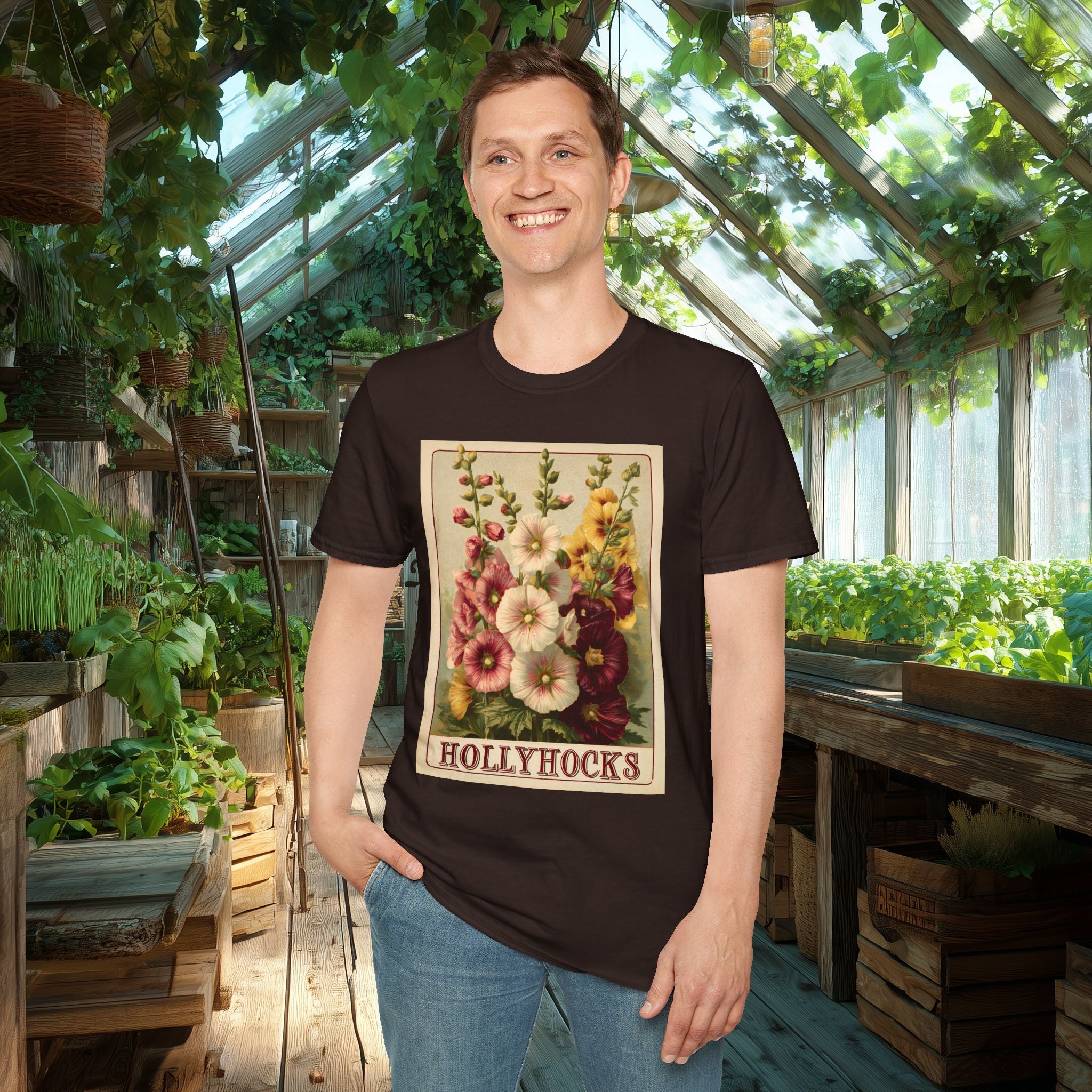 Vintage Hollyhock Seed Packet Unisex T-Shirt for Gardeners, Nature Lovers, Summer Casual Wear