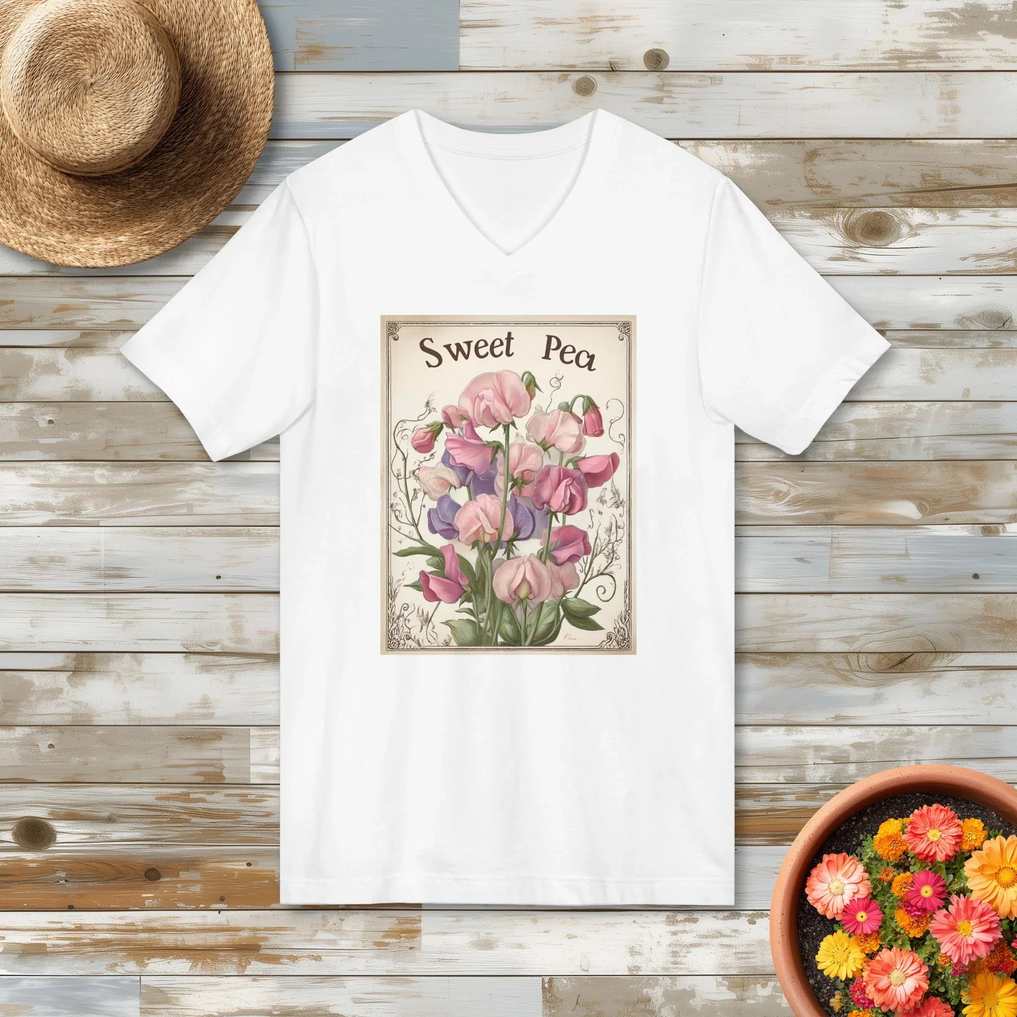 Sweet Pea Vintage Seed Packet V-Neck Shirt
