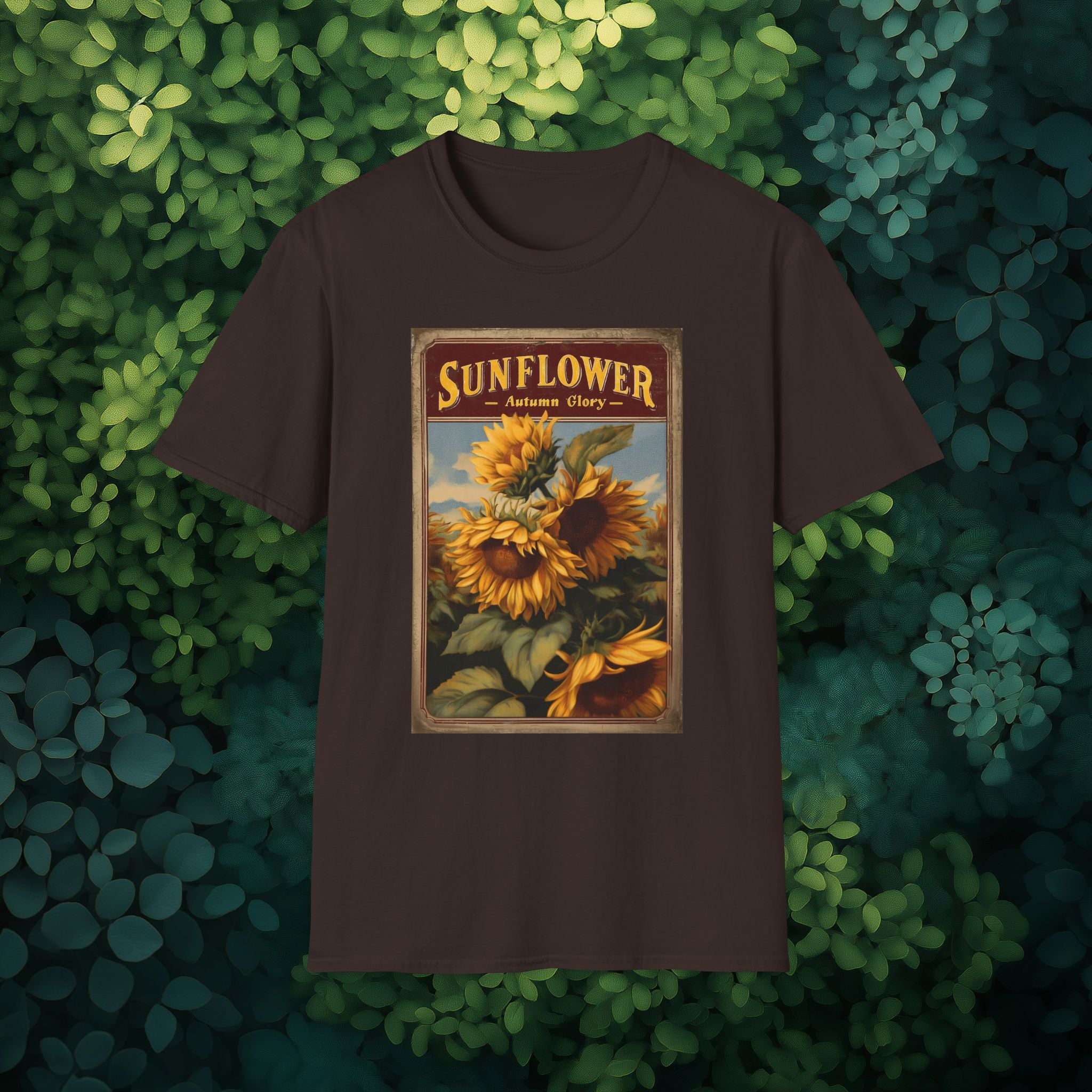 Vintage Sunflower Autumn Glory Seed Packet Unisex Softstyle T-Shirt for Gardeners, Nature Lovers
