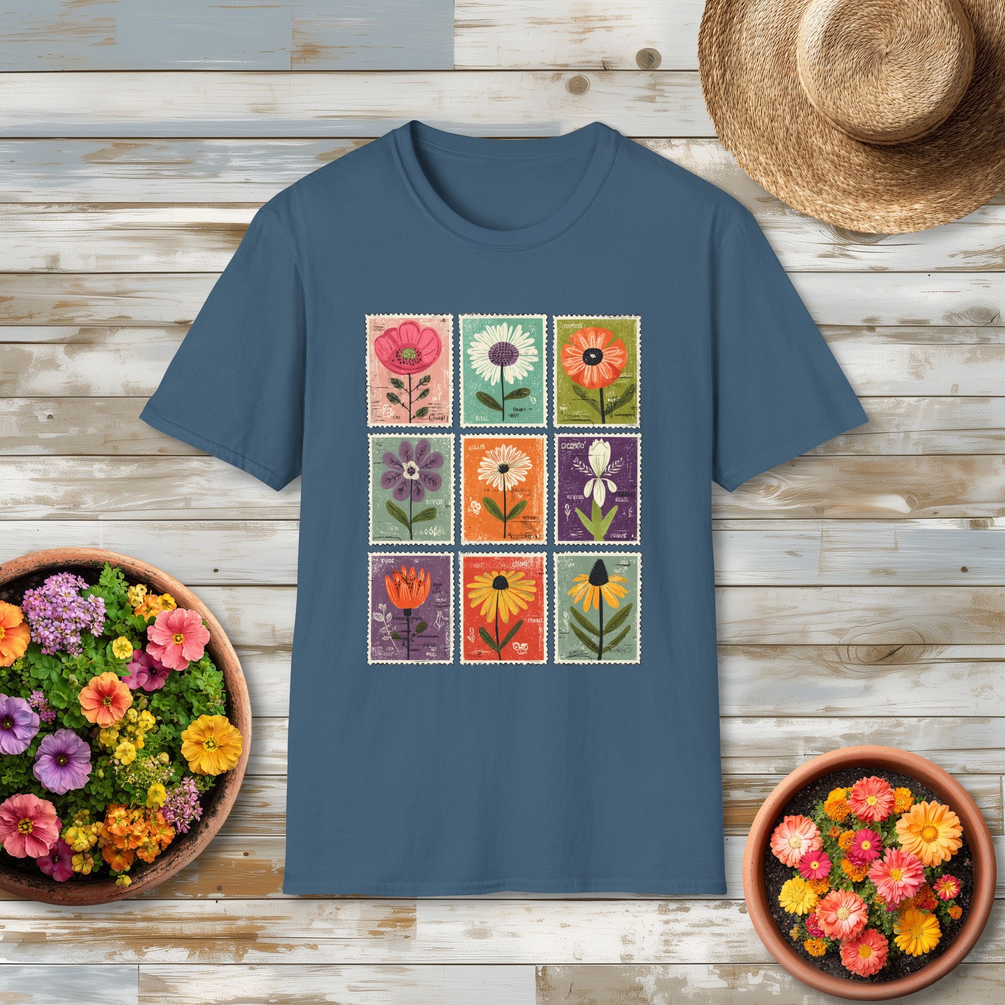 Whimsical Flower Stamp Collage T-Shirt for Gardeners