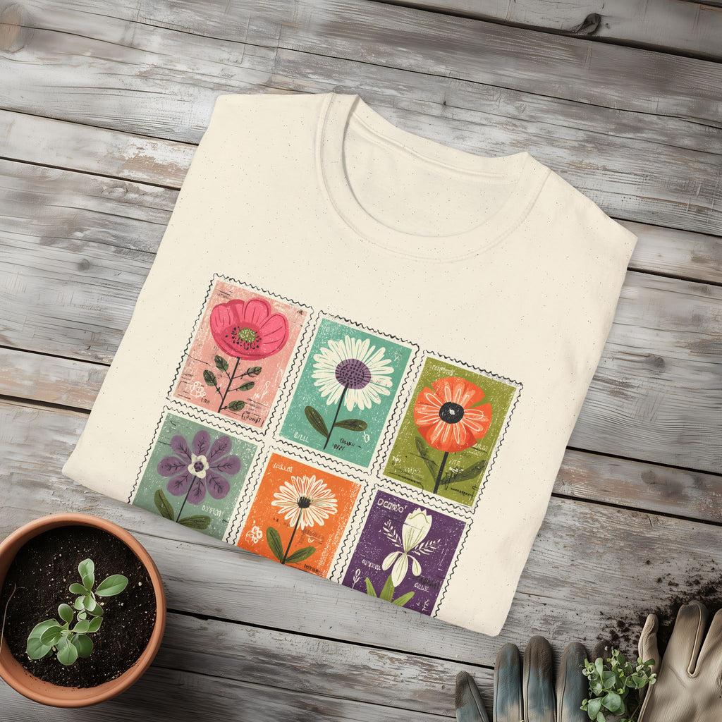 Whimsical Flower Stamp Collage T-Shirt for Gardeners