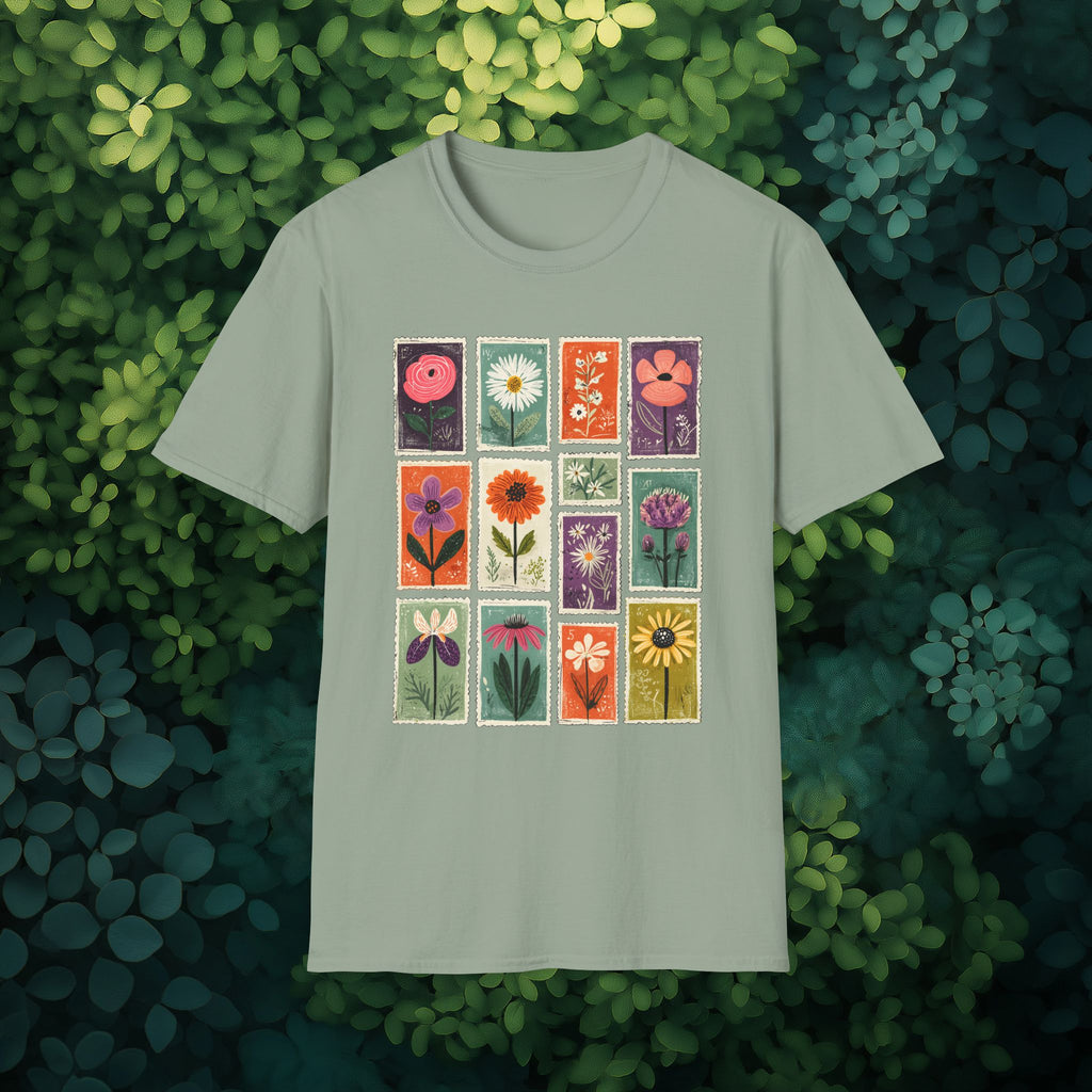 Charming Flower Stamp Collage T-Shirt for Gardeners
