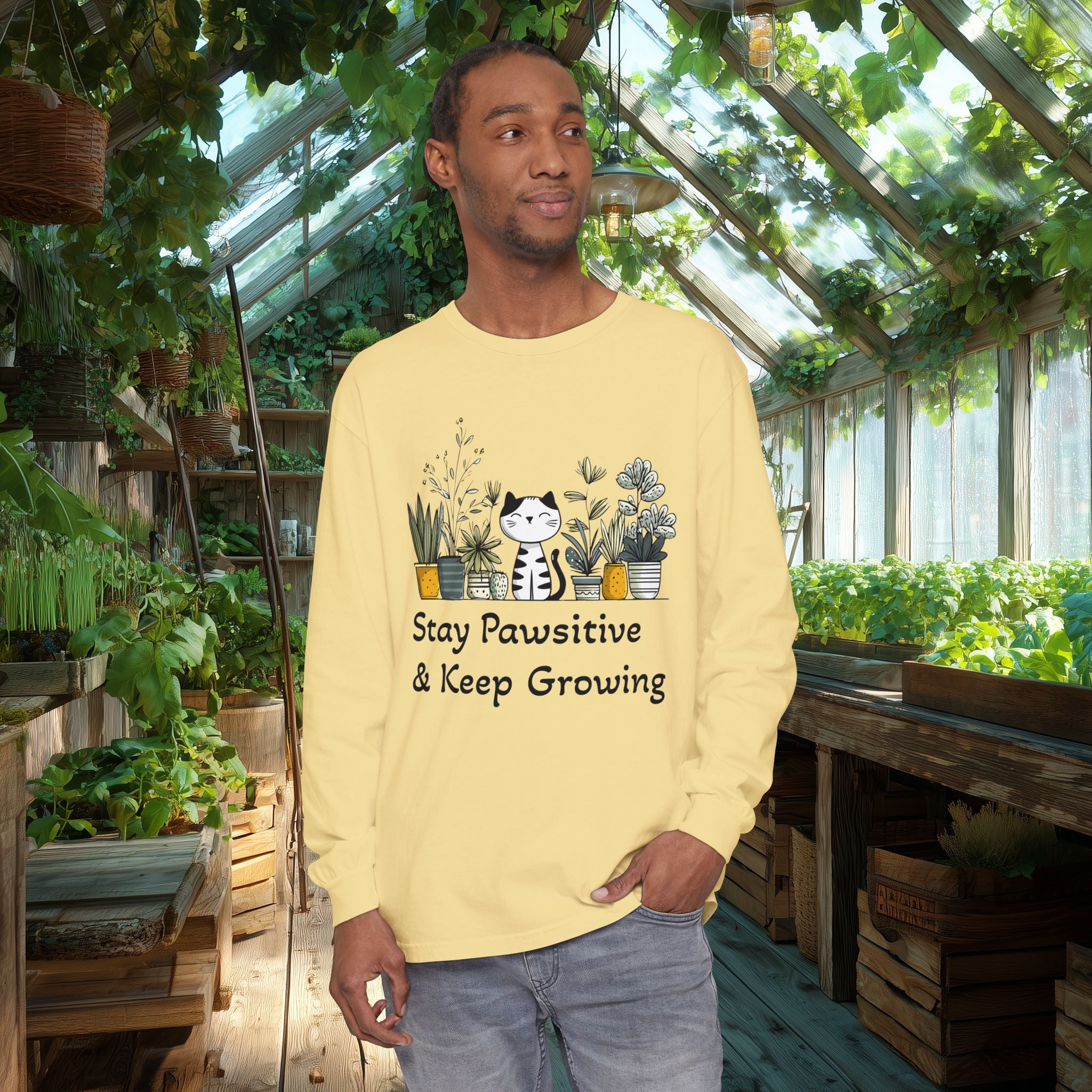 Stay Pawsitive & Keep Growing Cat Lover Long Sleeve T-Shirt