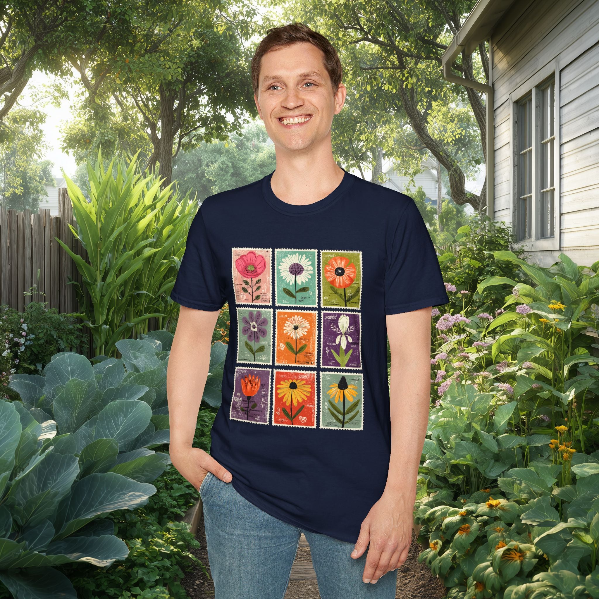 Whimsical Flower Stamp Collage T-Shirt for Gardeners
