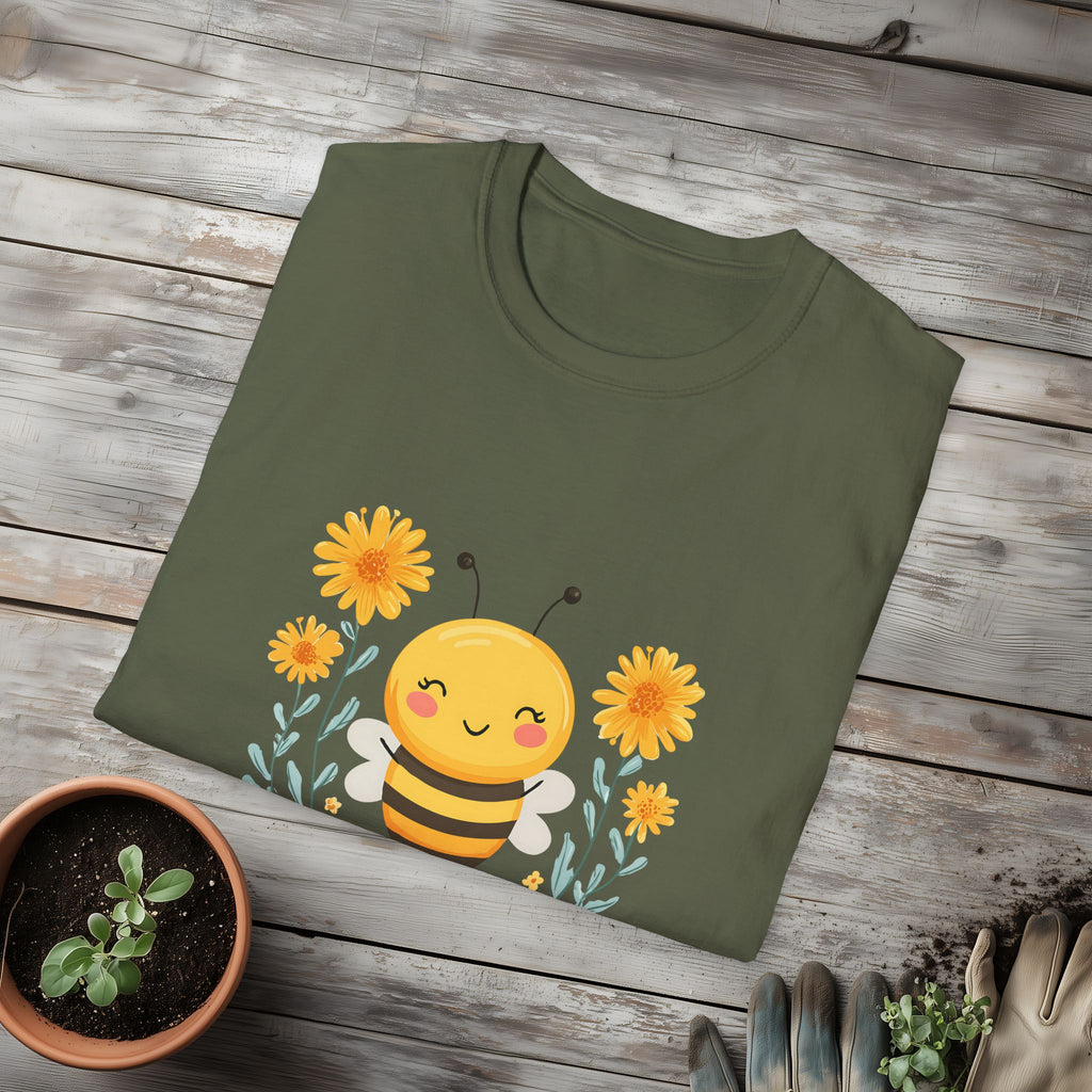 Cartoon Bee Happy Unisex T-Shirt for Gardeners, Nature Lovers, Bee Enthusiasts