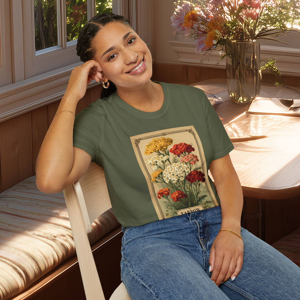 Retro Yarrow Seed Packet Unisex T-Shirt for Gardeners, Nature Lovers, Summer Casual Wear