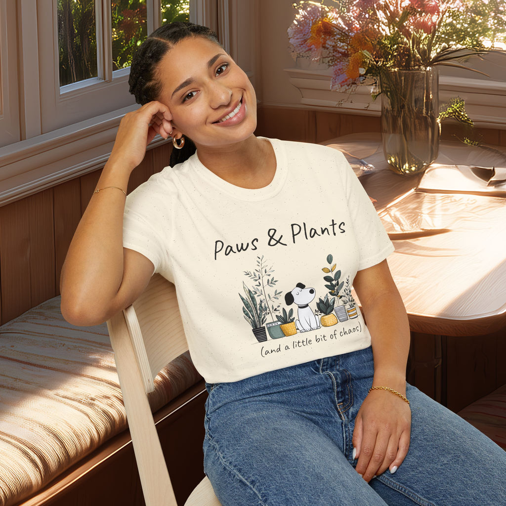 Cute Dog and Plants Tee – “Paws & Plants (and a little bit of chaos)”