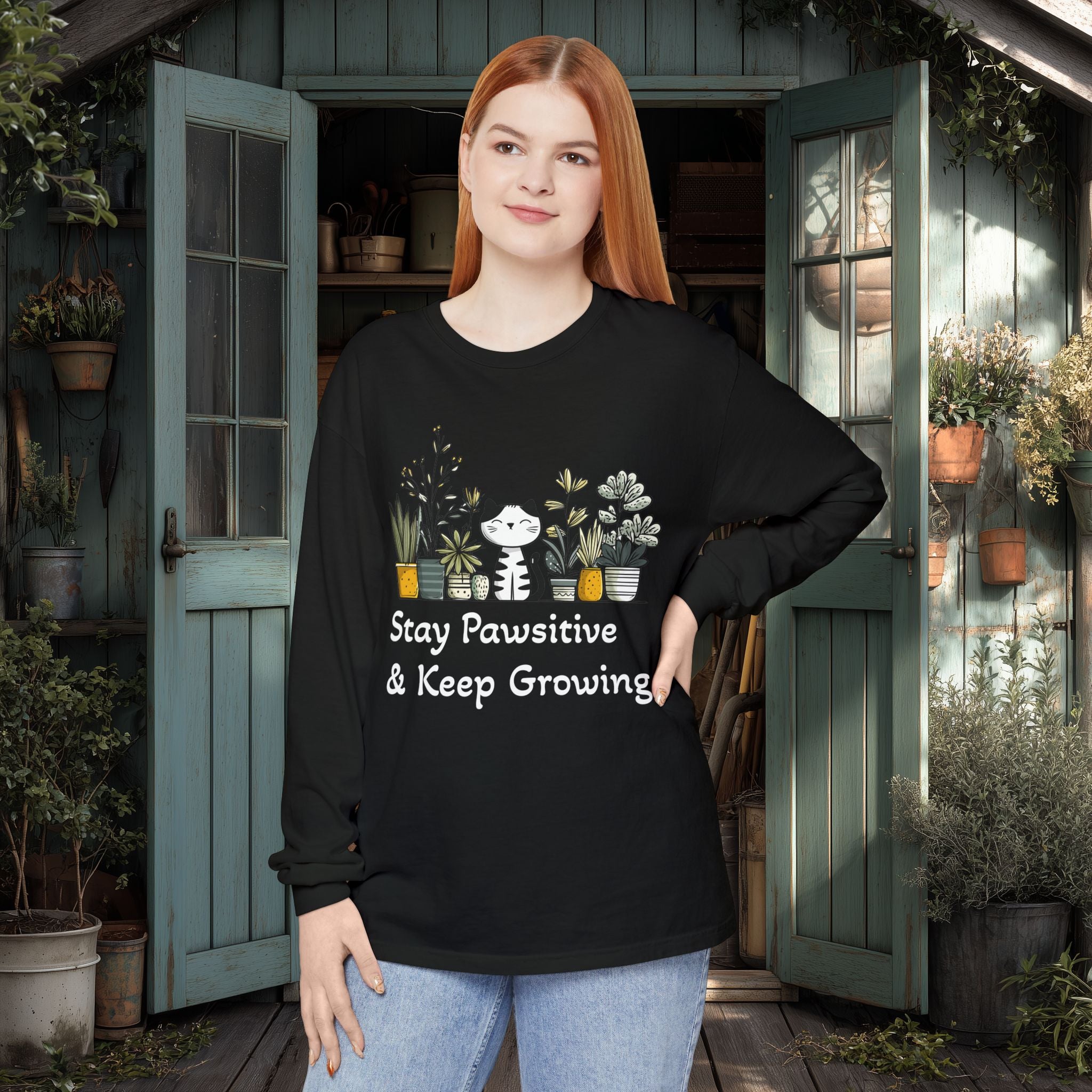 Stay Pawsitive & Keep Growing Cat Lover Long Sleeve T-Shirt