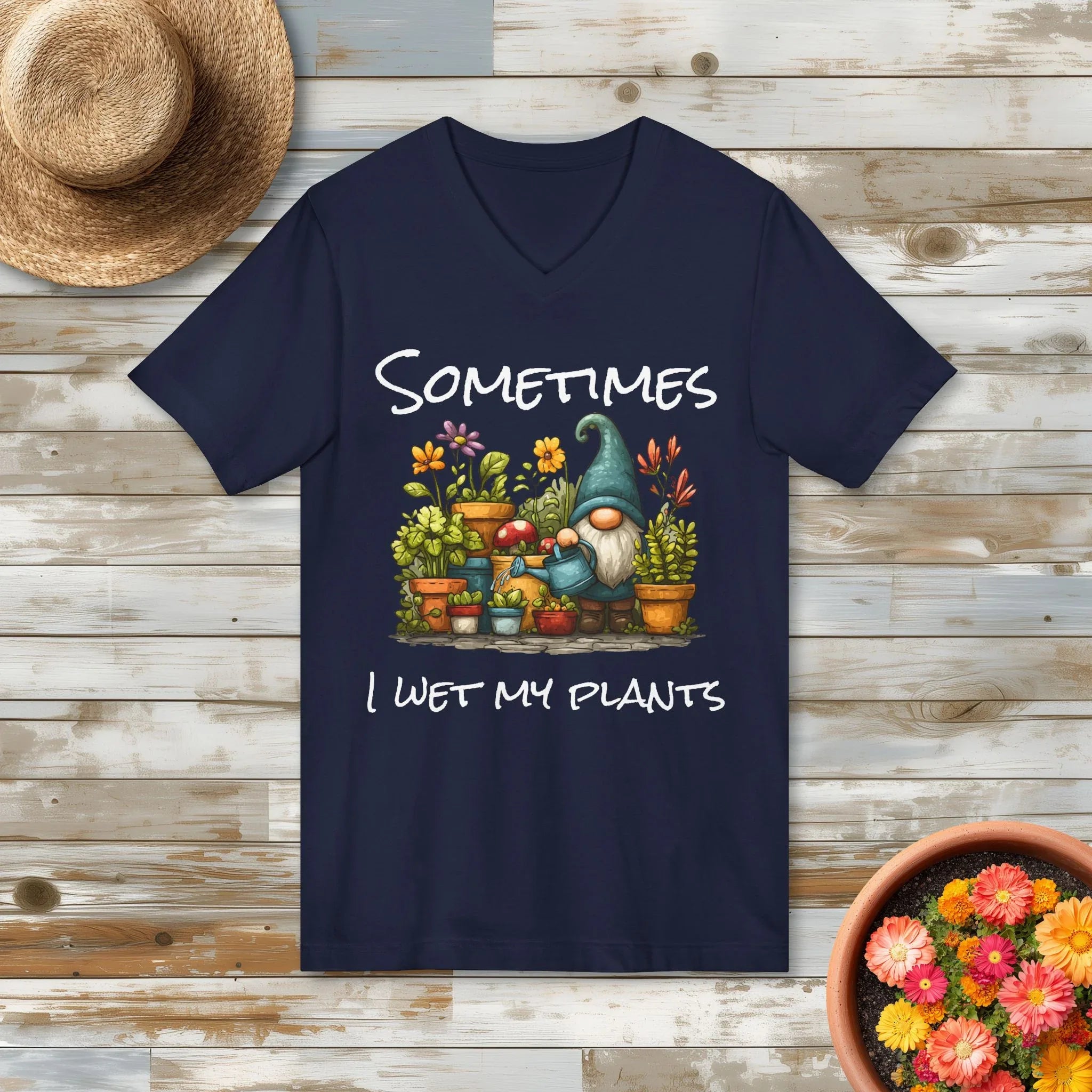 Sometimes I Wet My Plants Gnome V-Neck T-Shirt - Bee in Bloom