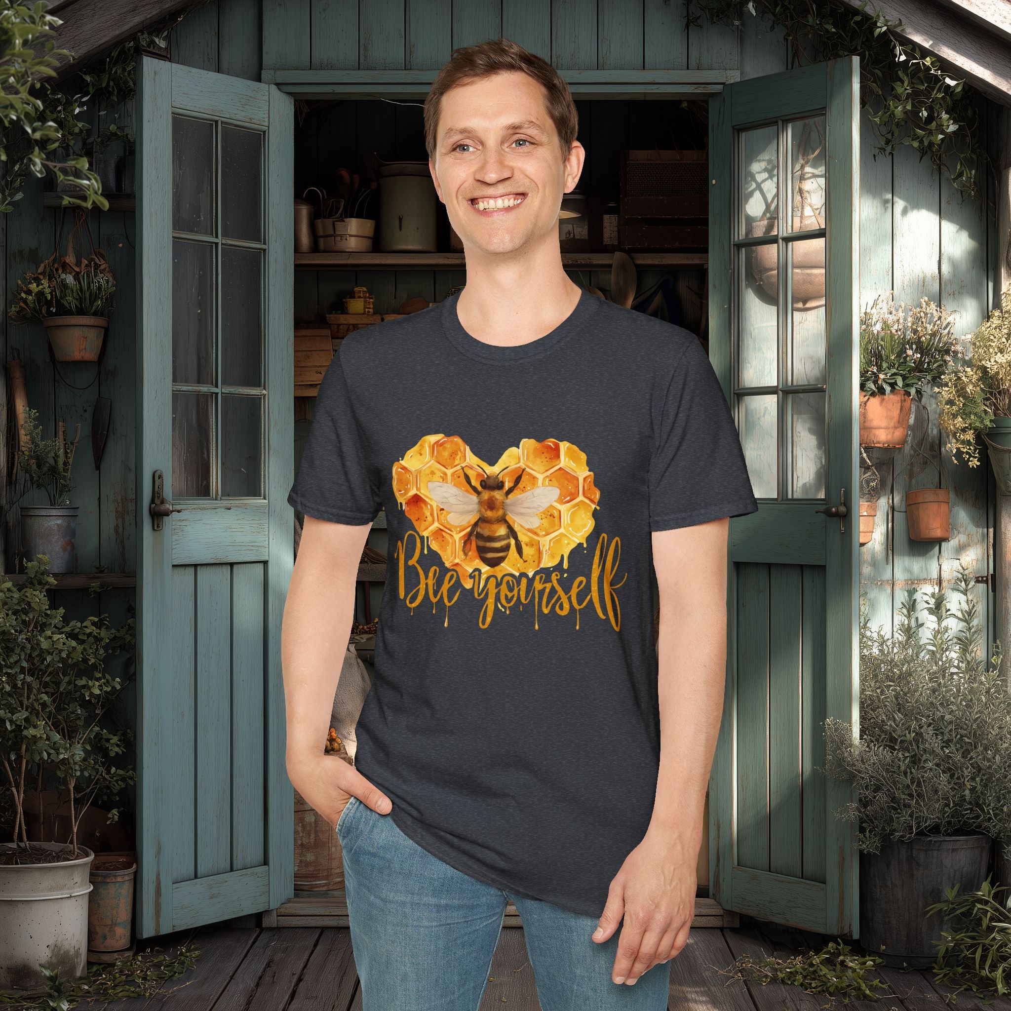 Sweet Honeycomb Heart Bee Yourself Unisex T-Shirt for Gardeners, Nature Lovers, Bee Enthusiasts