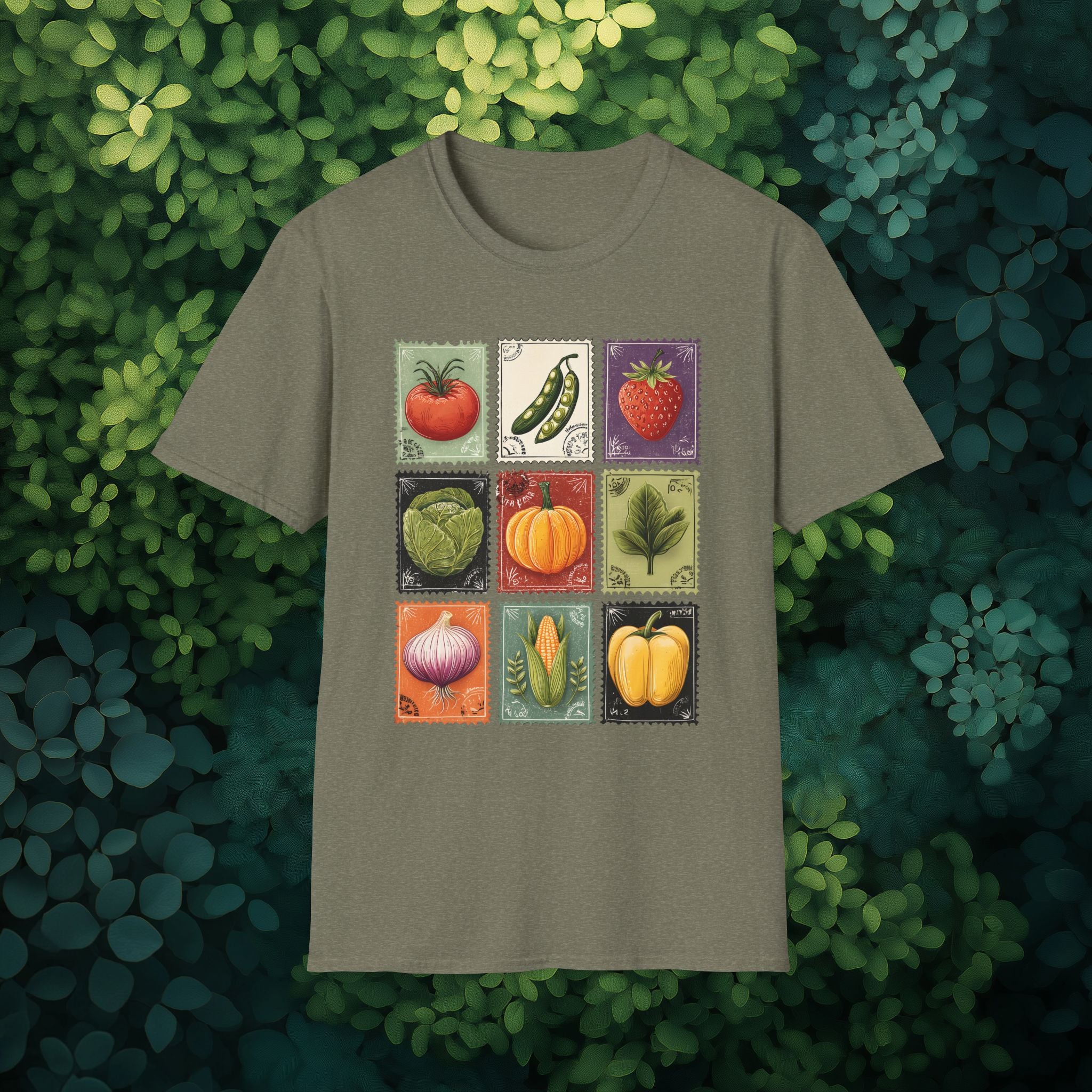 Vintage Garden Vegetable Stamp Collage T-Shirt for Gardeners