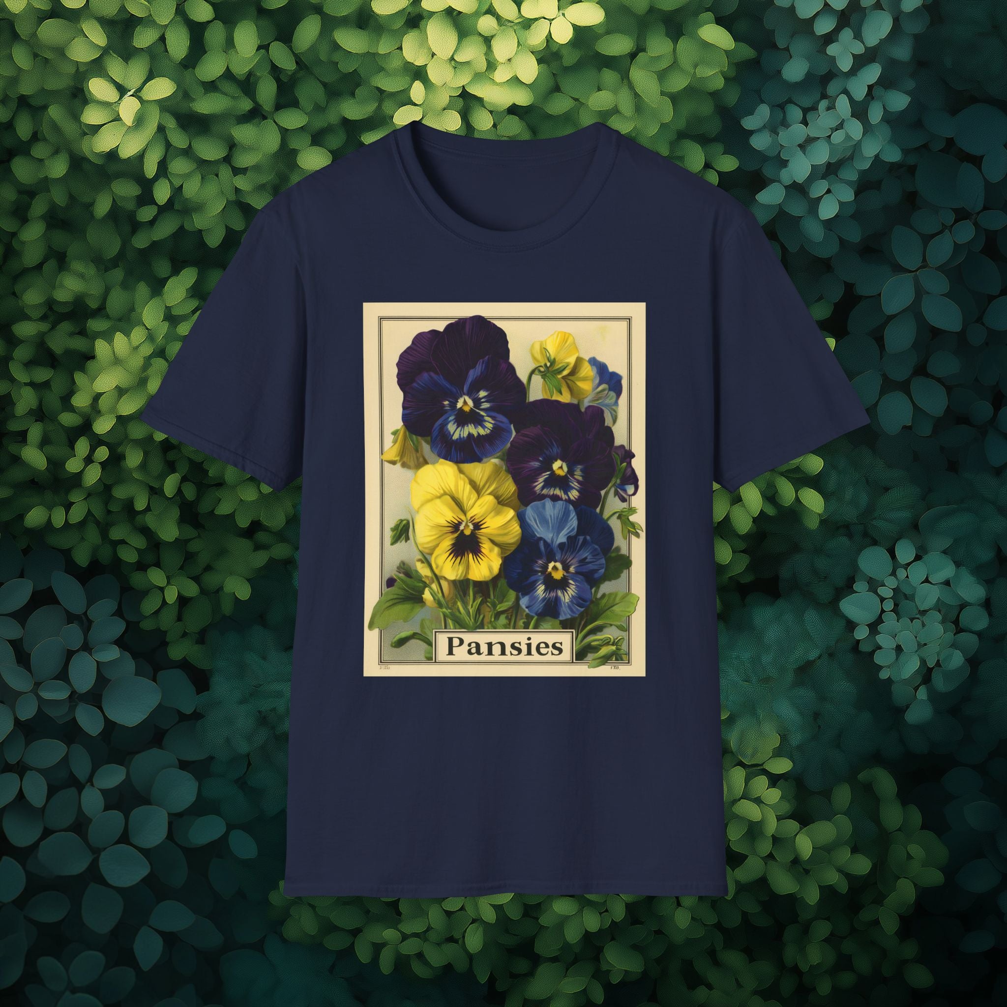 Vintage Pansies Seed Packet Unisex T-Shirt for Gardeners, Nature Lovers, Summer Casual Wear