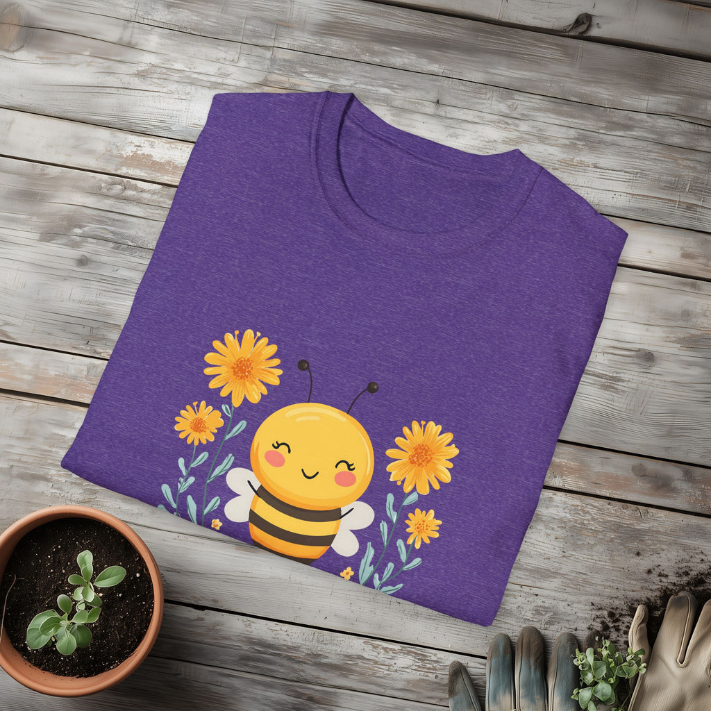 Cartoon Bee Happy Unisex T-Shirt for Gardeners, Nature Lovers, Bee Enthusiasts