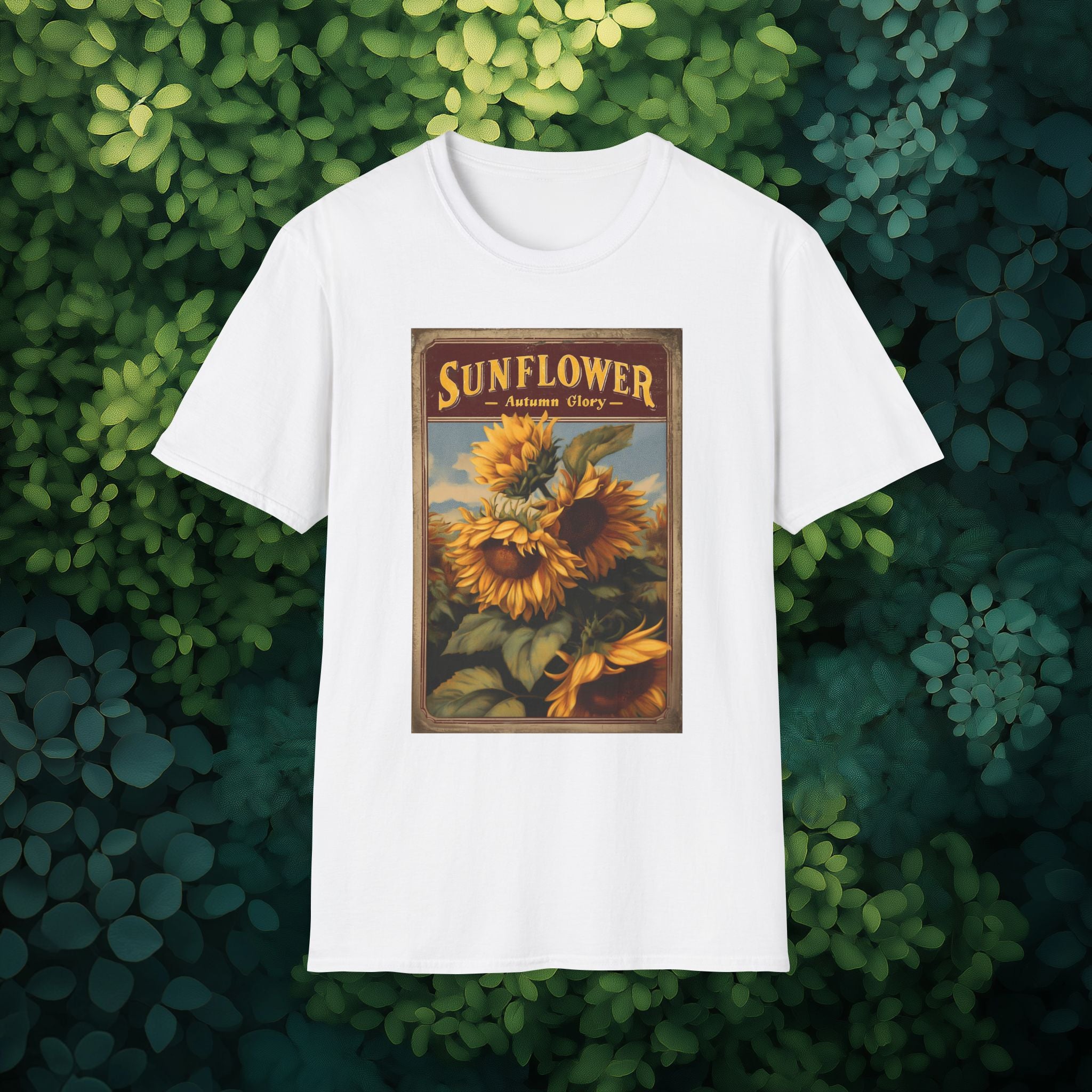Vintage Sunflower Autumn Glory Seed Packet Unisex Softstyle T-Shirt for Gardeners, Nature Lovers
