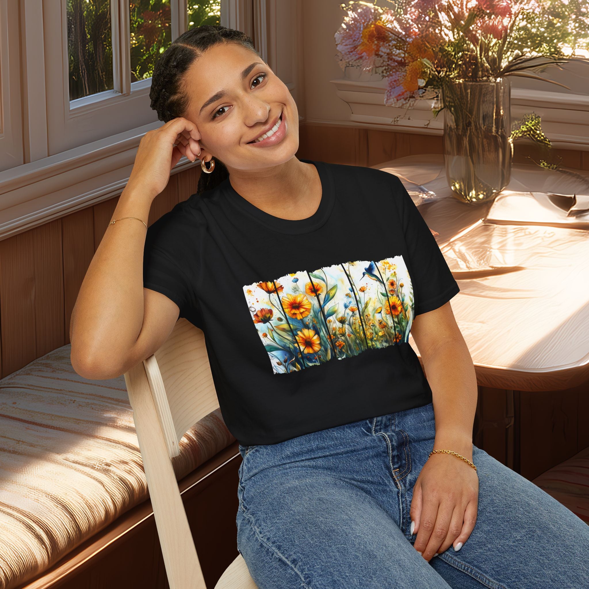 Hummingbird in Wildflowers Unisex T-Shirt for Gardeners, Nature Lovers, Bee Enthusiasts