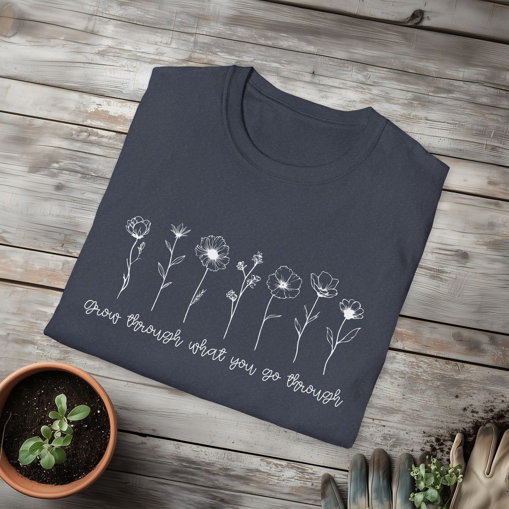 Grow Through What You Go Through Motivational Wildflower Line Art T-Shirt