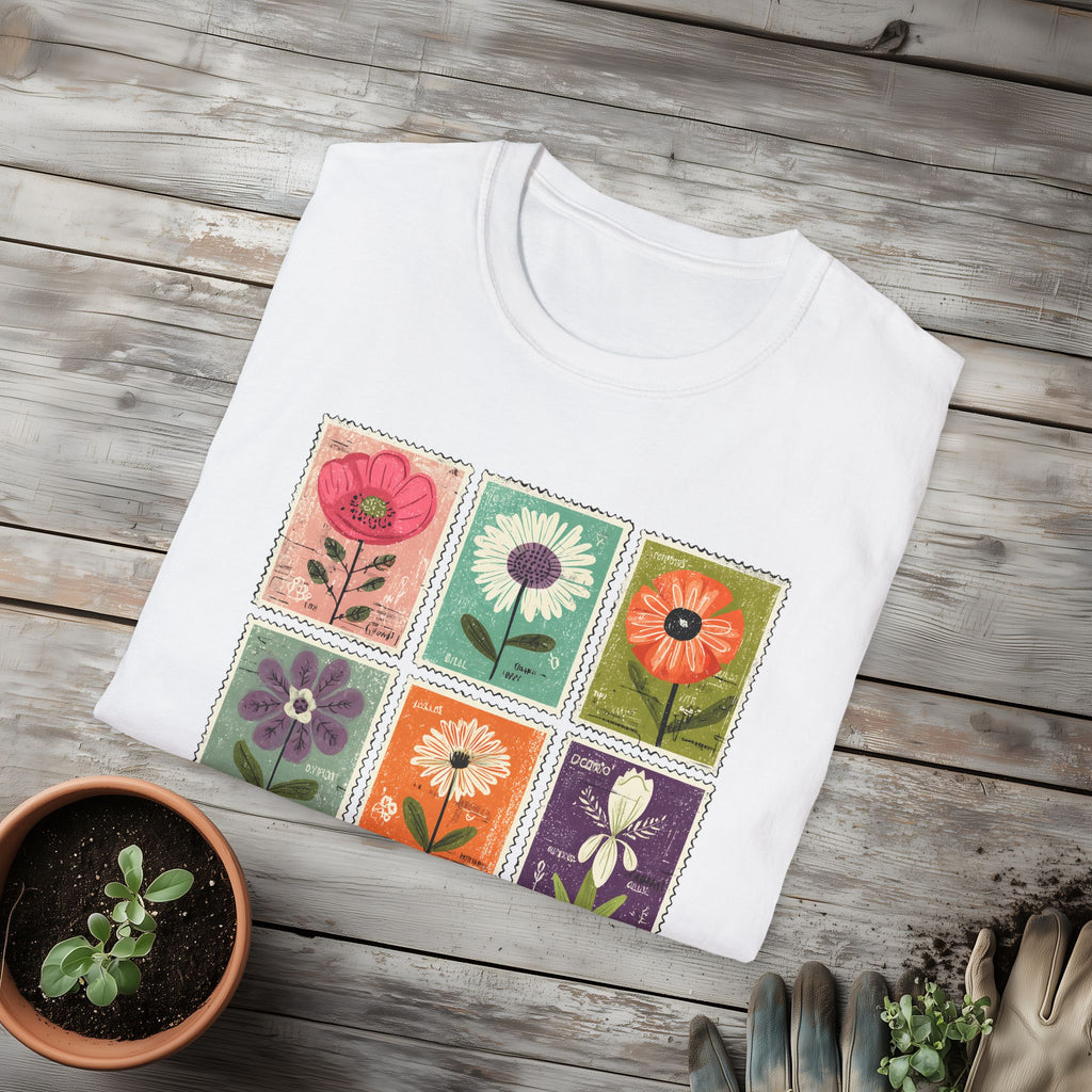 Whimsical Flower Stamp Collage T-Shirt for Gardeners