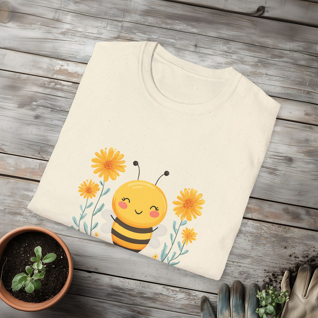 Cartoon Bee Happy Unisex T-Shirt for Gardeners, Nature Lovers, Bee Enthusiasts