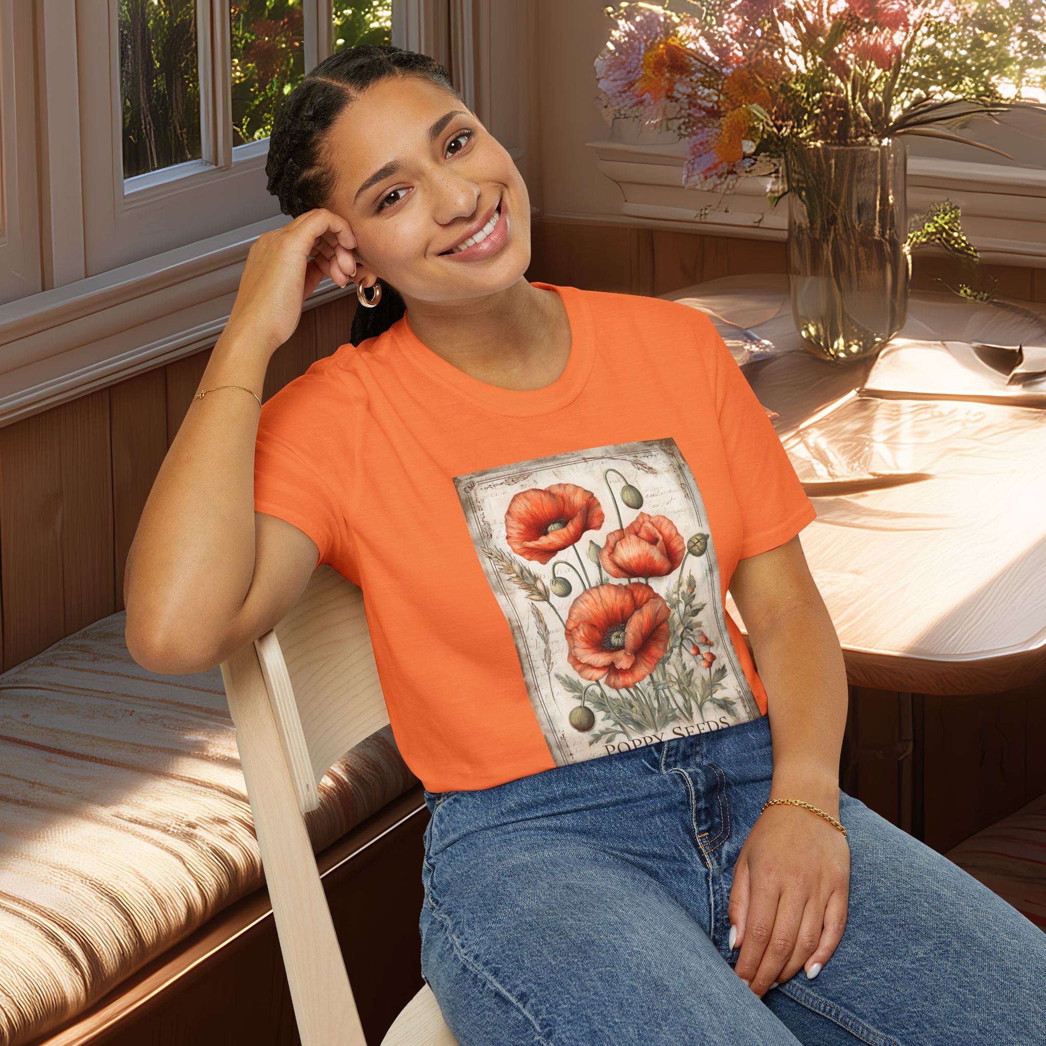 Vintage Scarlet Blooms Poppies Seed Packet Unisex T-Shirt for Gardeners, Nature Lovers, Summer Casual Wear