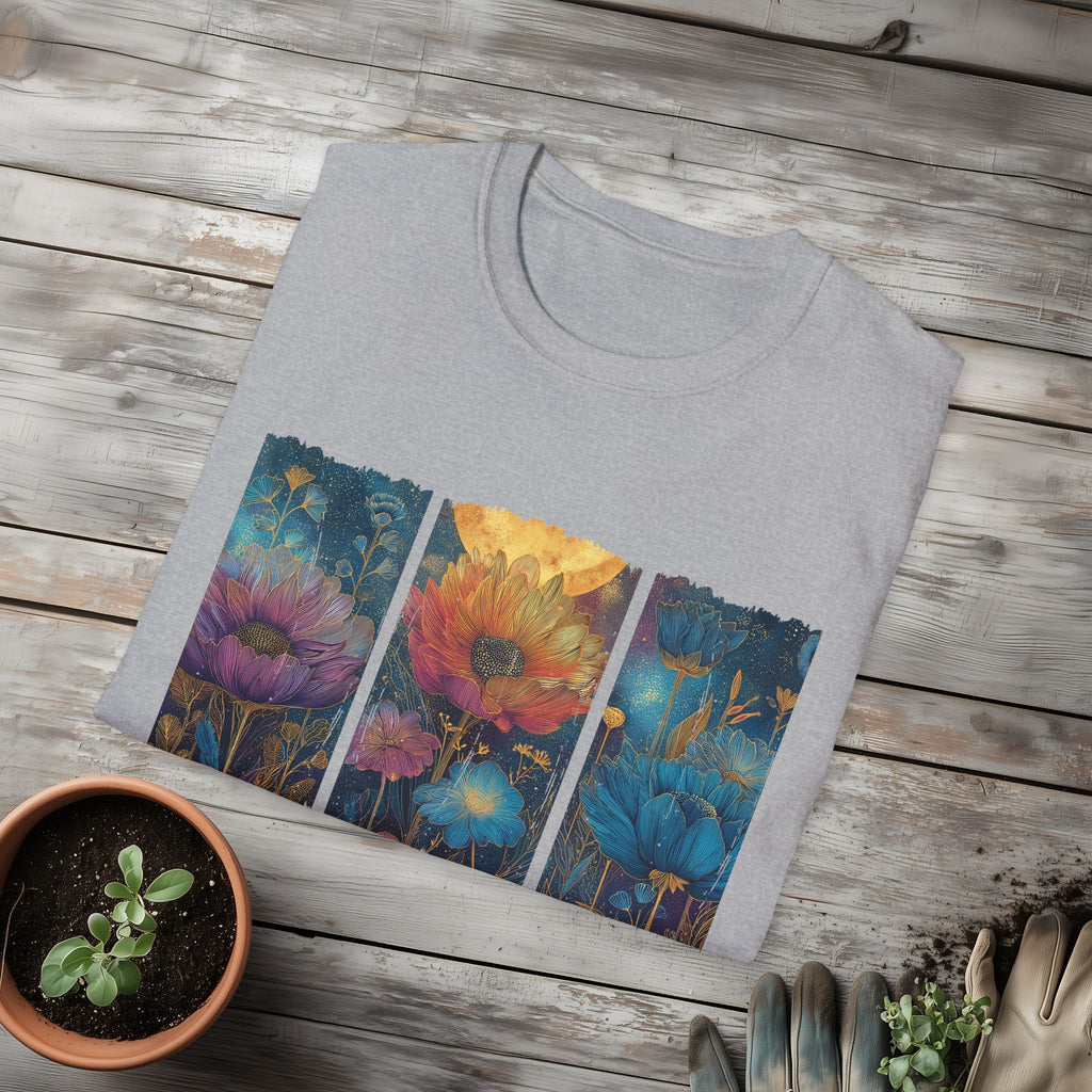 Floral  Brushstroke Triptych Unisex T-Shirt for Gardeners, Nature Lovers, Yoga Enthusiasts