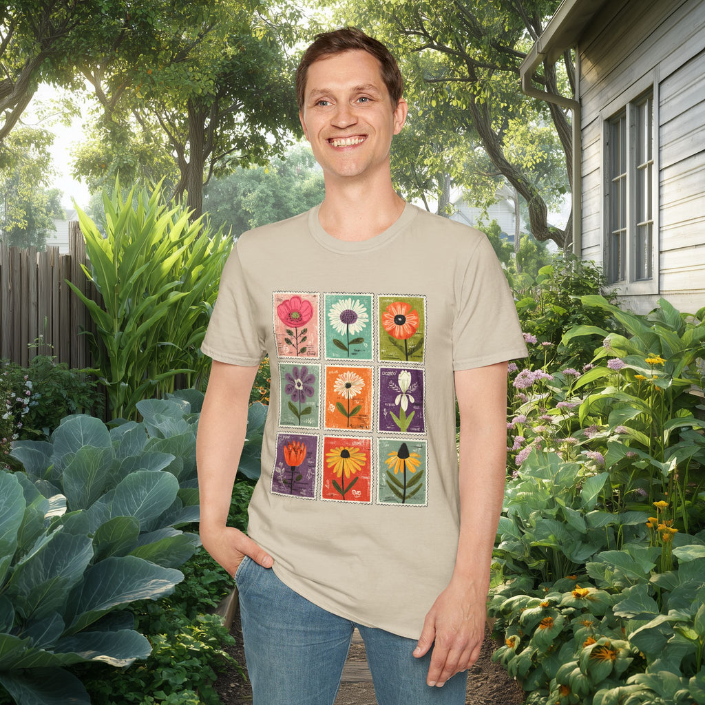 Whimsical Flower Stamp Collage T-Shirt for Gardeners
