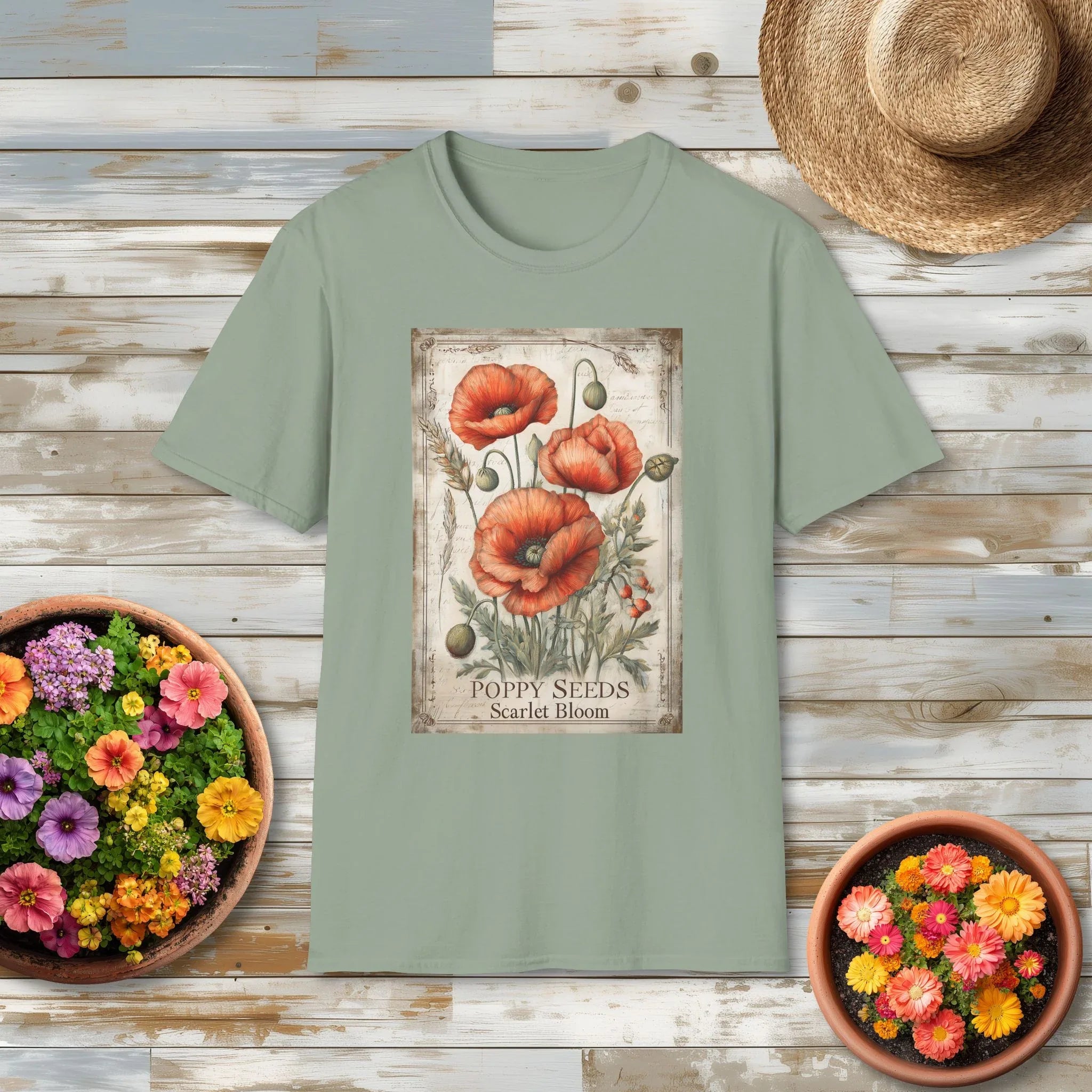 Scarlet Blooms Poppies Vintage Seed Packet T-Shirt for Gardeners