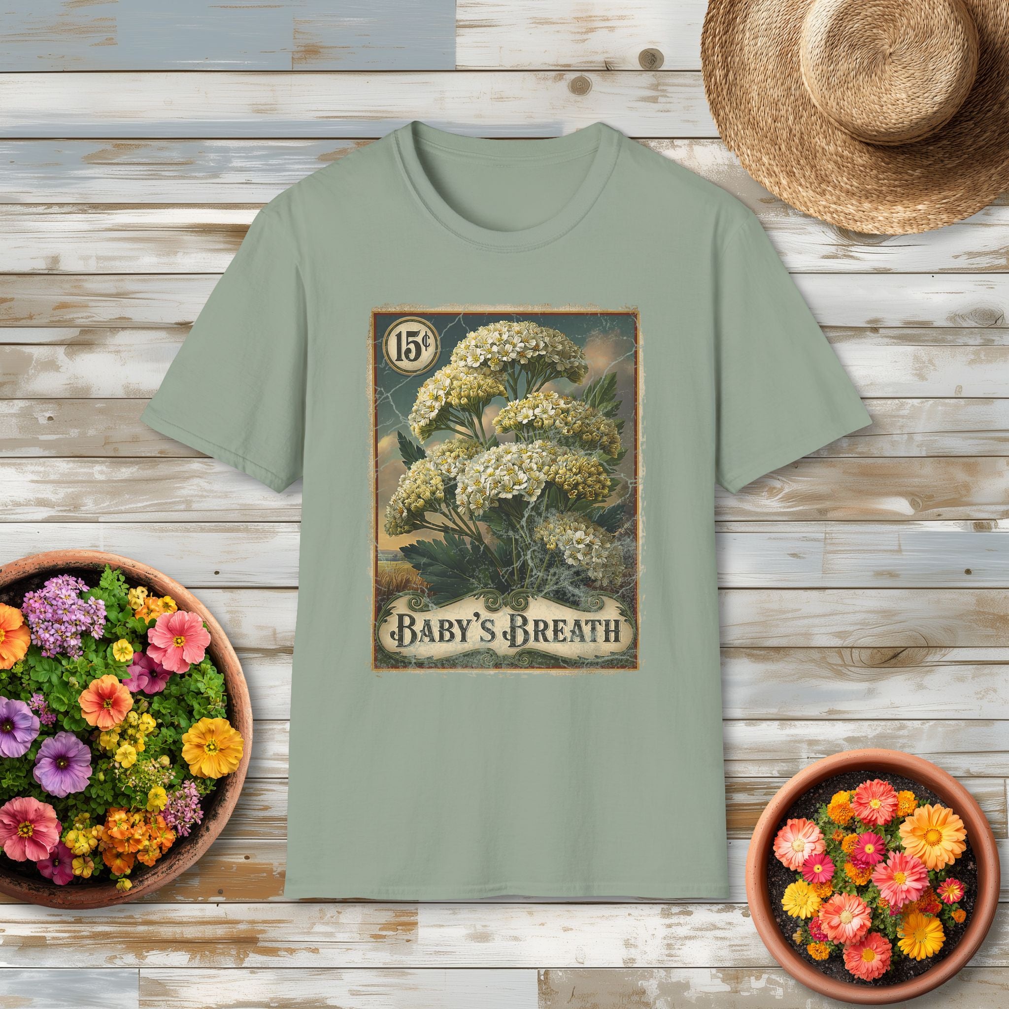 Baby's Breath Seed Packet Vintage Floral T-Shirt for Gardeners
