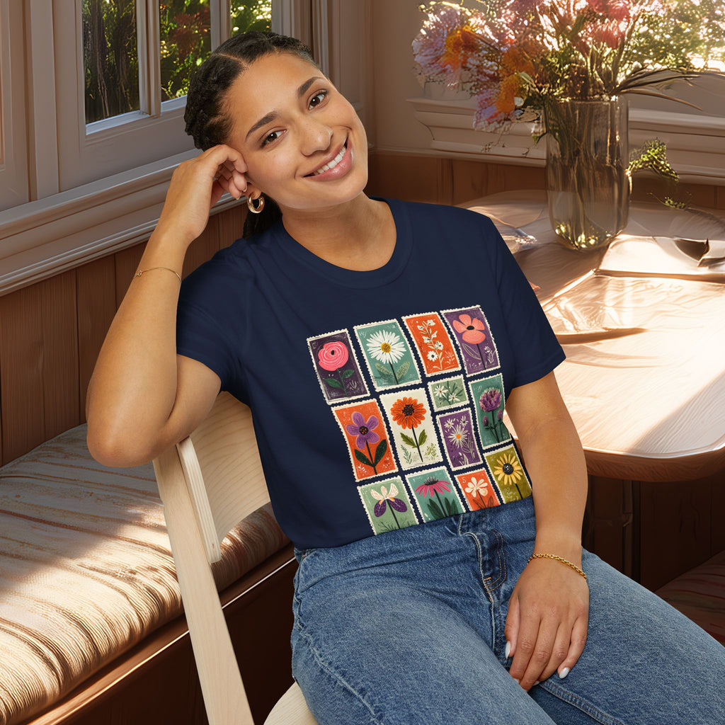 Charming Flower Stamp Collage T-Shirt for Gardeners