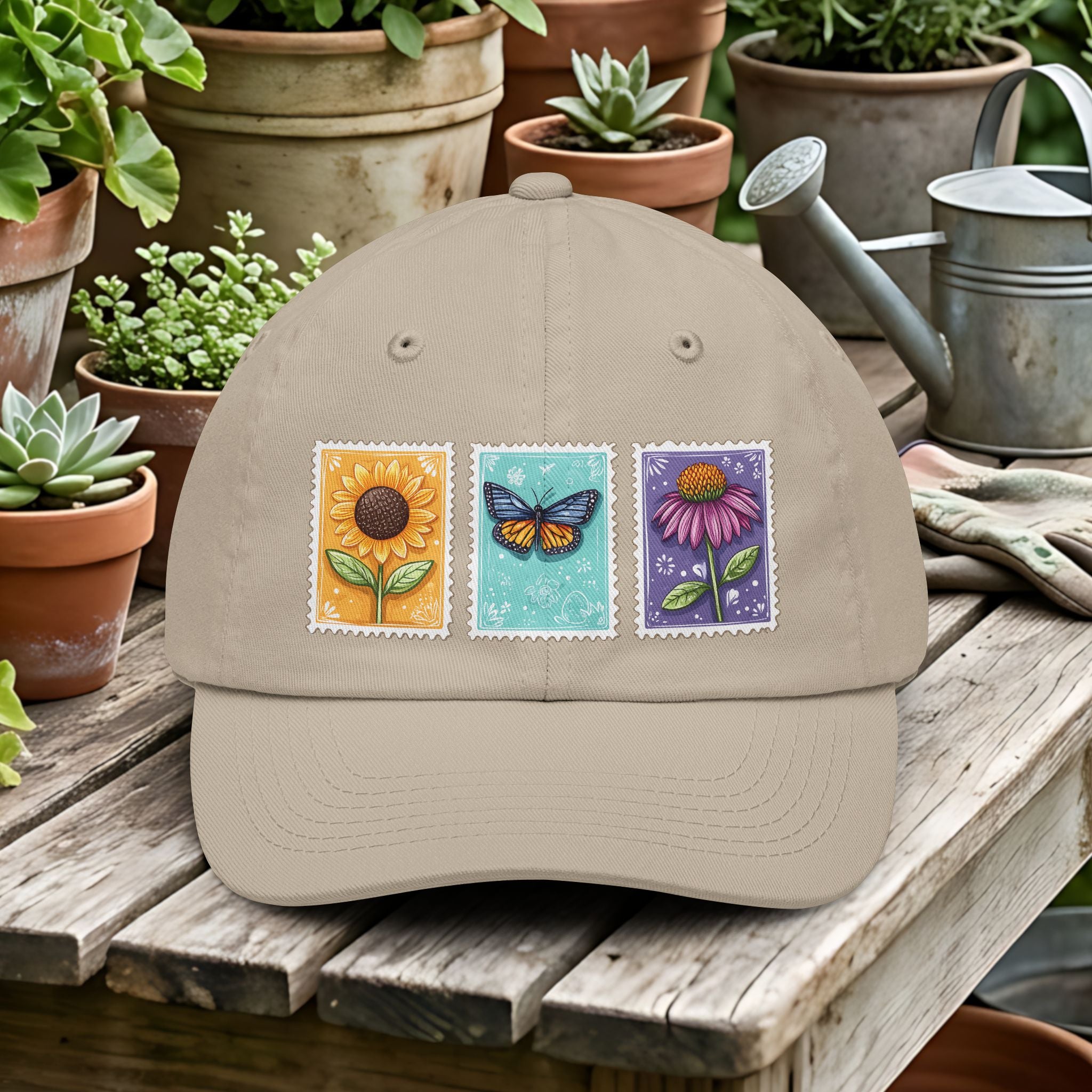 Floral Postage Trio: Sunflower Butterfly Coneflower Stamp Dad Hat