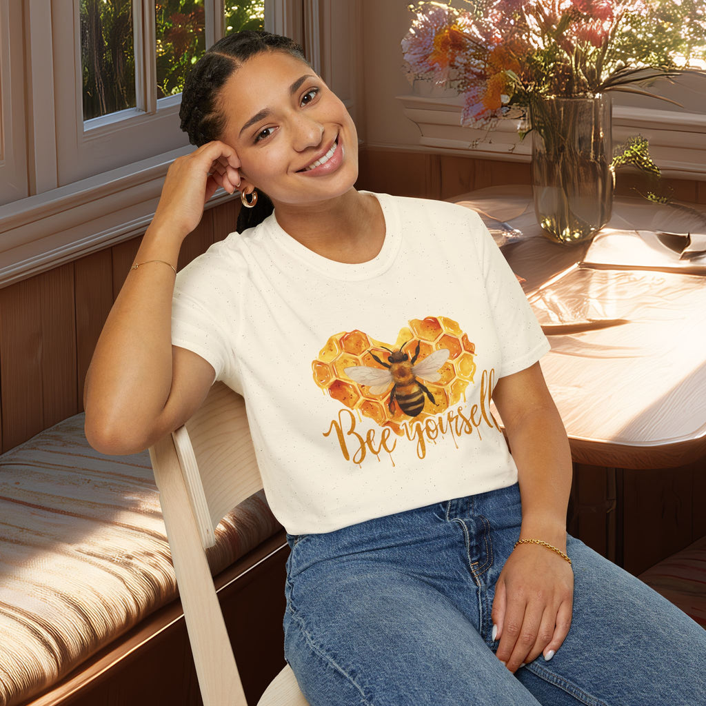 Sweet Honeycomb Heart Bee Yourself Unisex T-Shirt for Gardeners, Nature Lovers, Bee Enthusiasts
