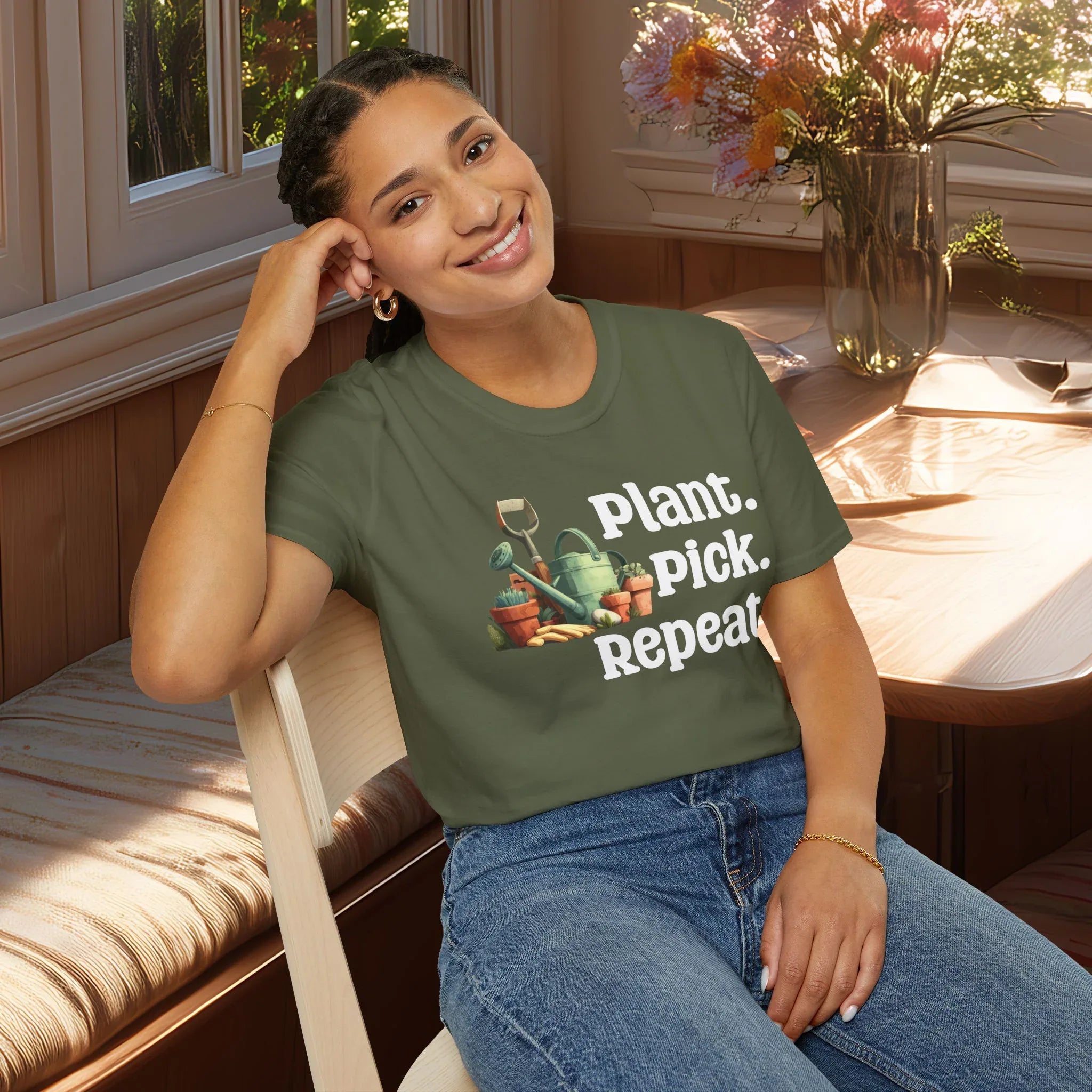Plant Pick Repeat, Cartoon Gardener T-Shirt