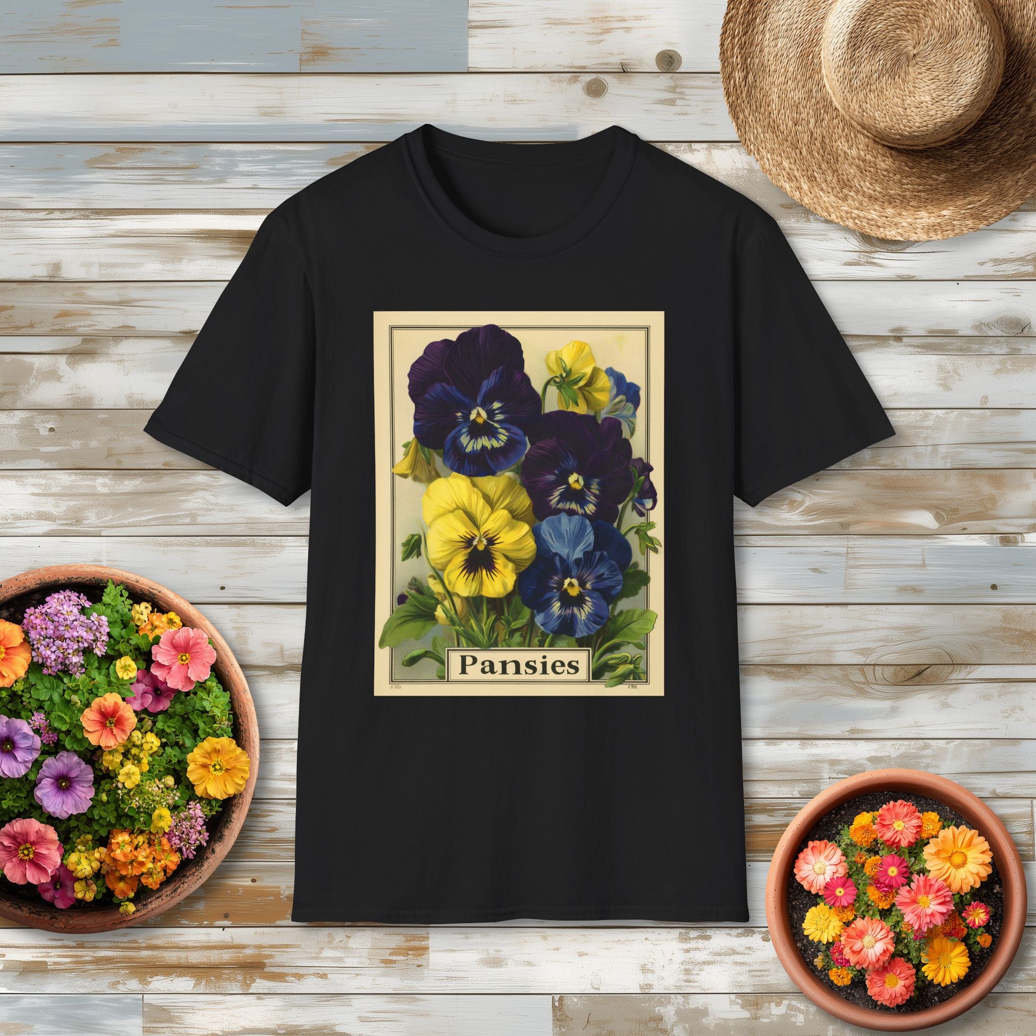 Vintage Pansies Seed Packet Unisex T-Shirt for Gardeners, Nature Lovers, Summer Casual Wear