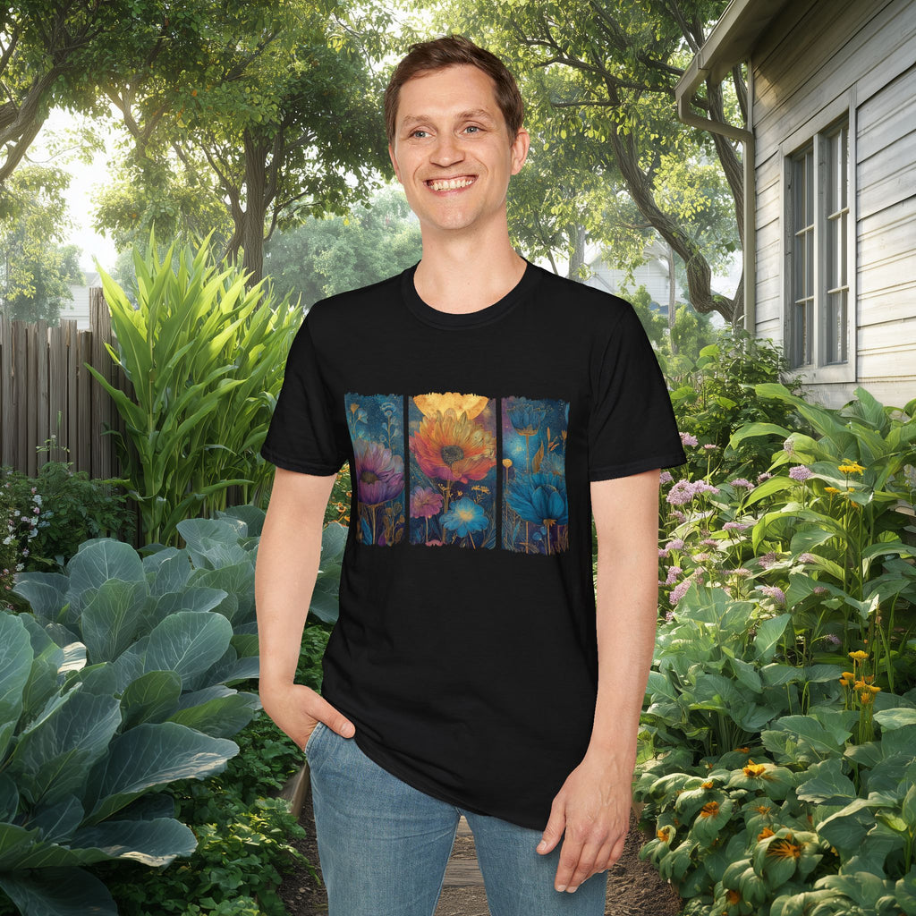 Floral  Brushstroke Triptych Unisex T-Shirt for Gardeners, Nature Lovers, Yoga Enthusiasts