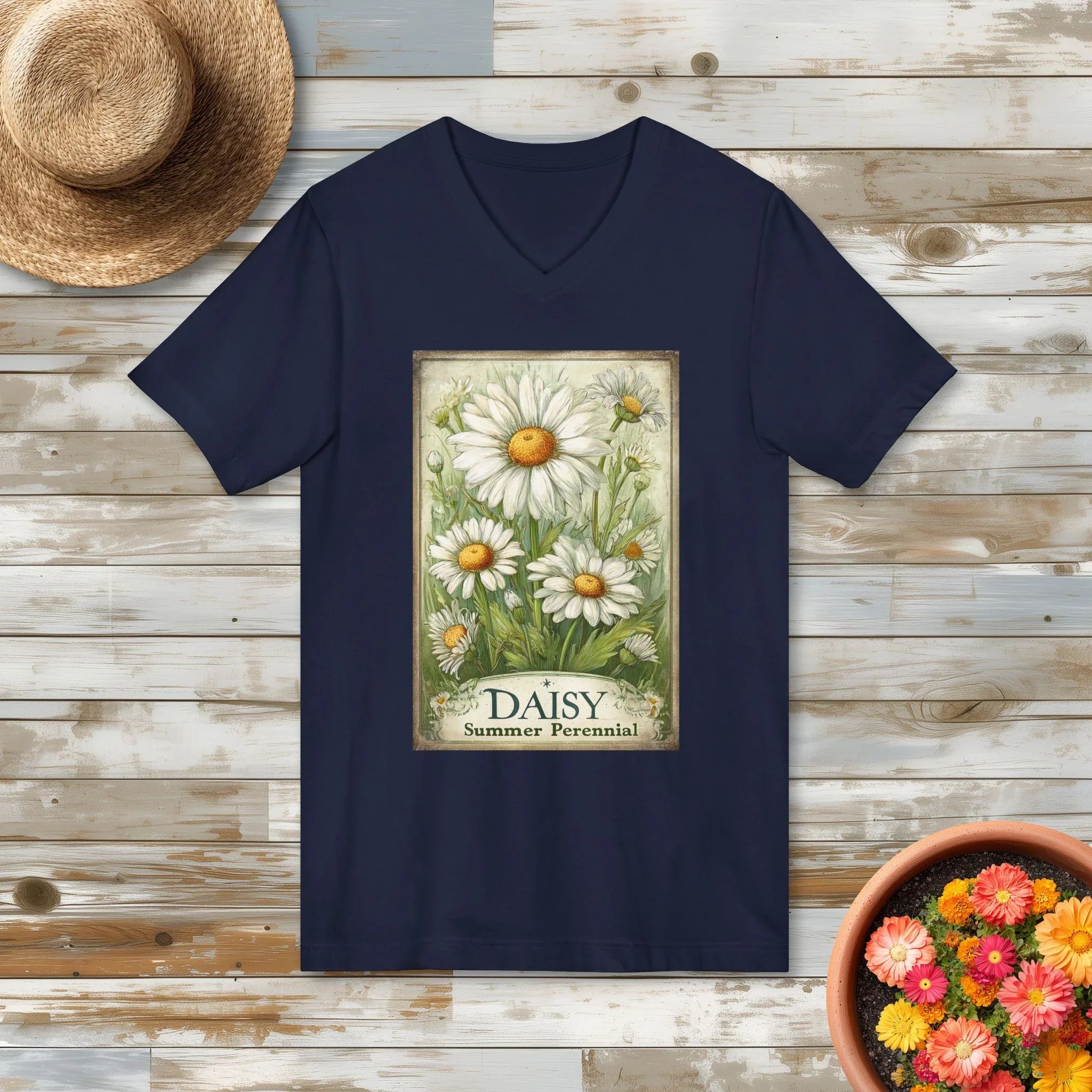 Daisy Vintage Seed Packet V-Neck T-Shirt