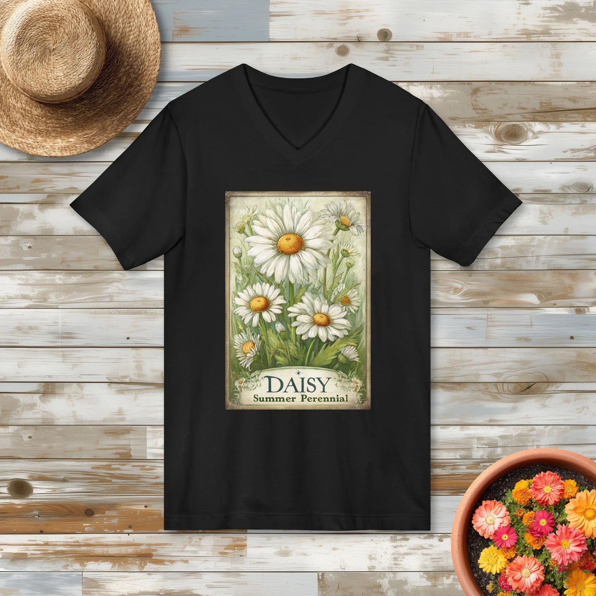 Daisy Vintage Seed Packet V-Neck T-Shirt