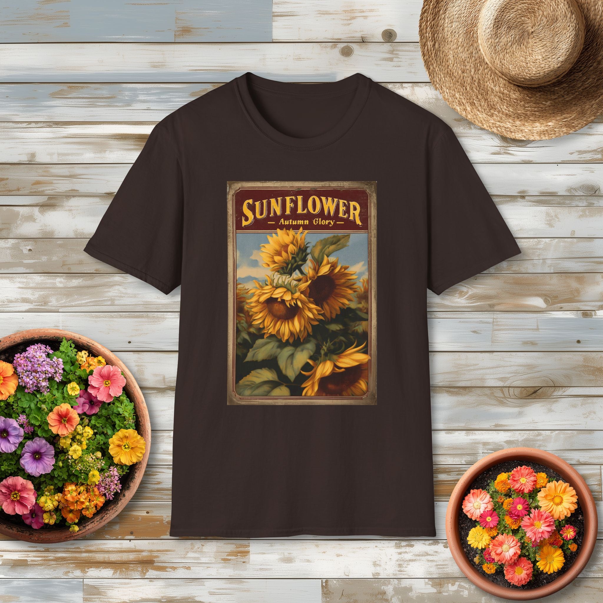 Vintage Sunflower Autumn Glory Seed Packet T-Shirt for Gardeners