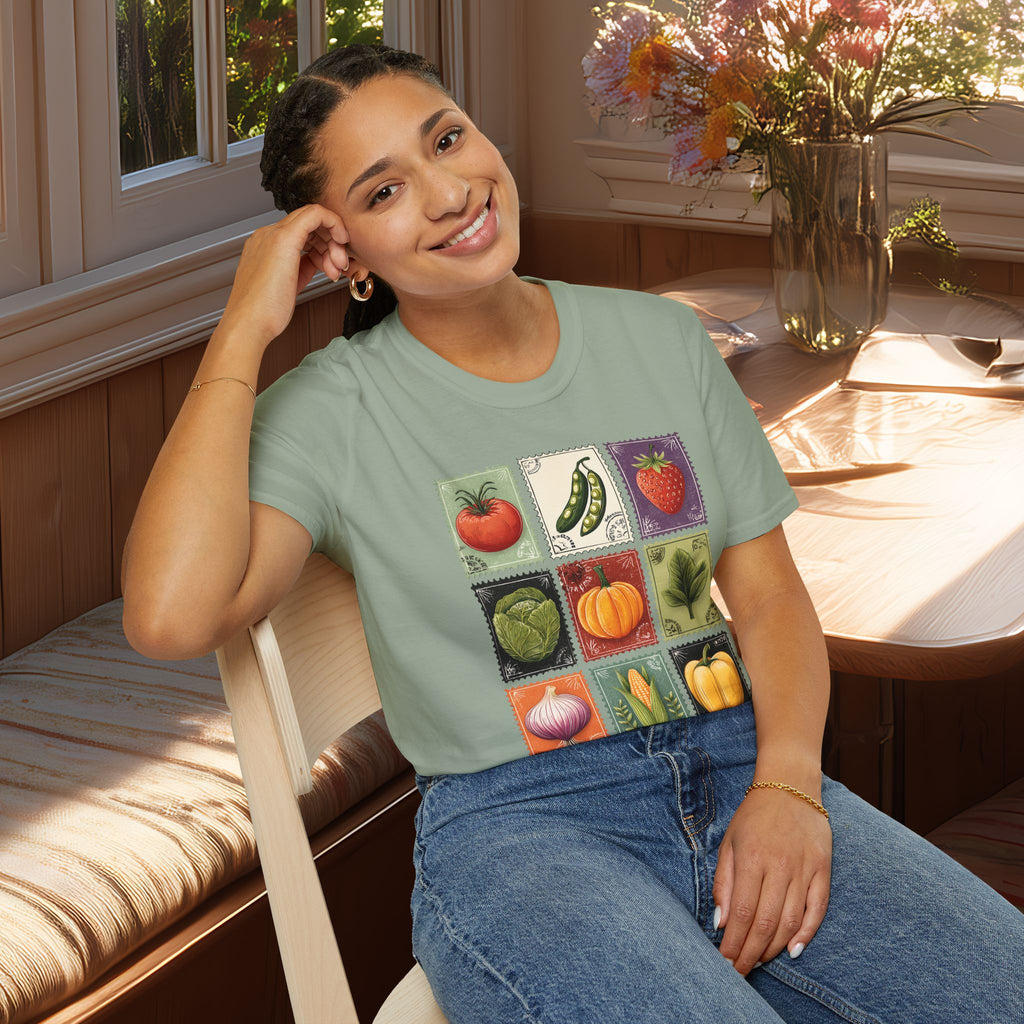 Garden Vegetable Postage Stamp Collage T-Shirt for Gardeners