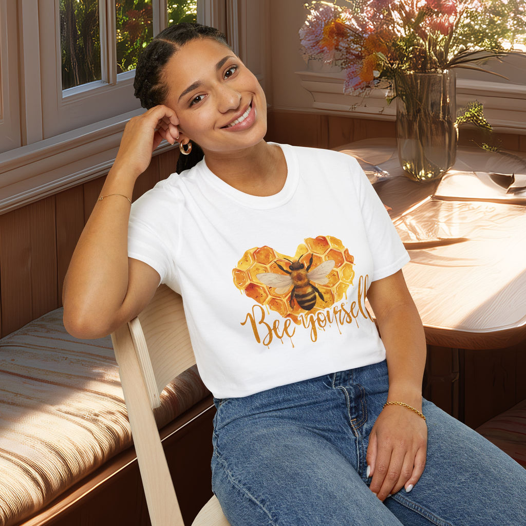 Sweet Honeycomb Heart Bee Yourself Unisex T-Shirt for Gardeners, Nature Lovers, Bee Enthusiasts