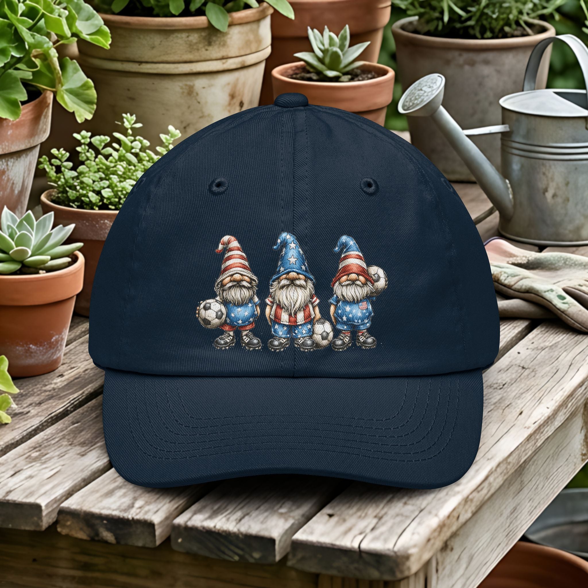 Patriotic Soccer Gnomes Dad Hat – USA Soccer Fan Garden Gnome Cap