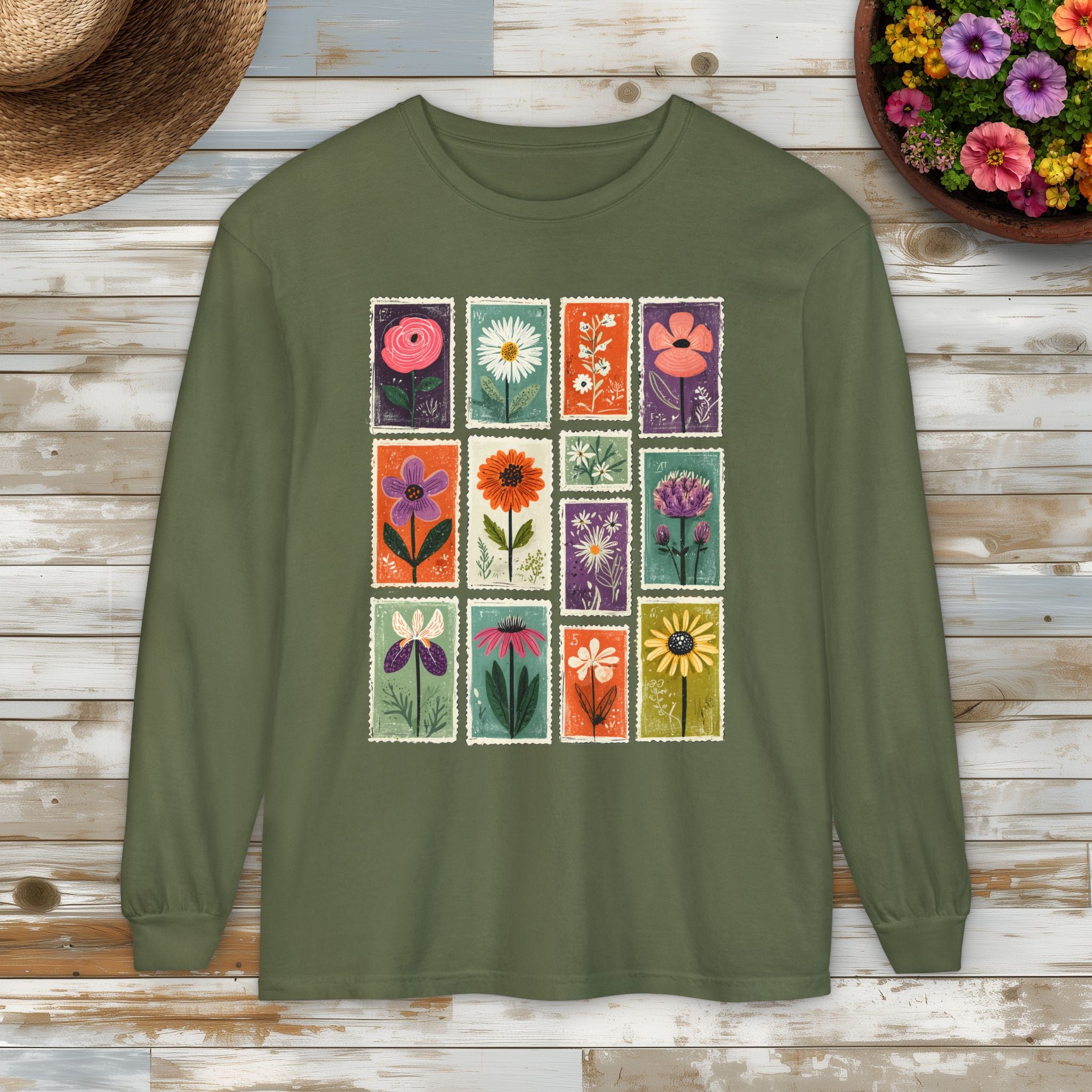 Floral Stamp Collage Long Sleeve Tee