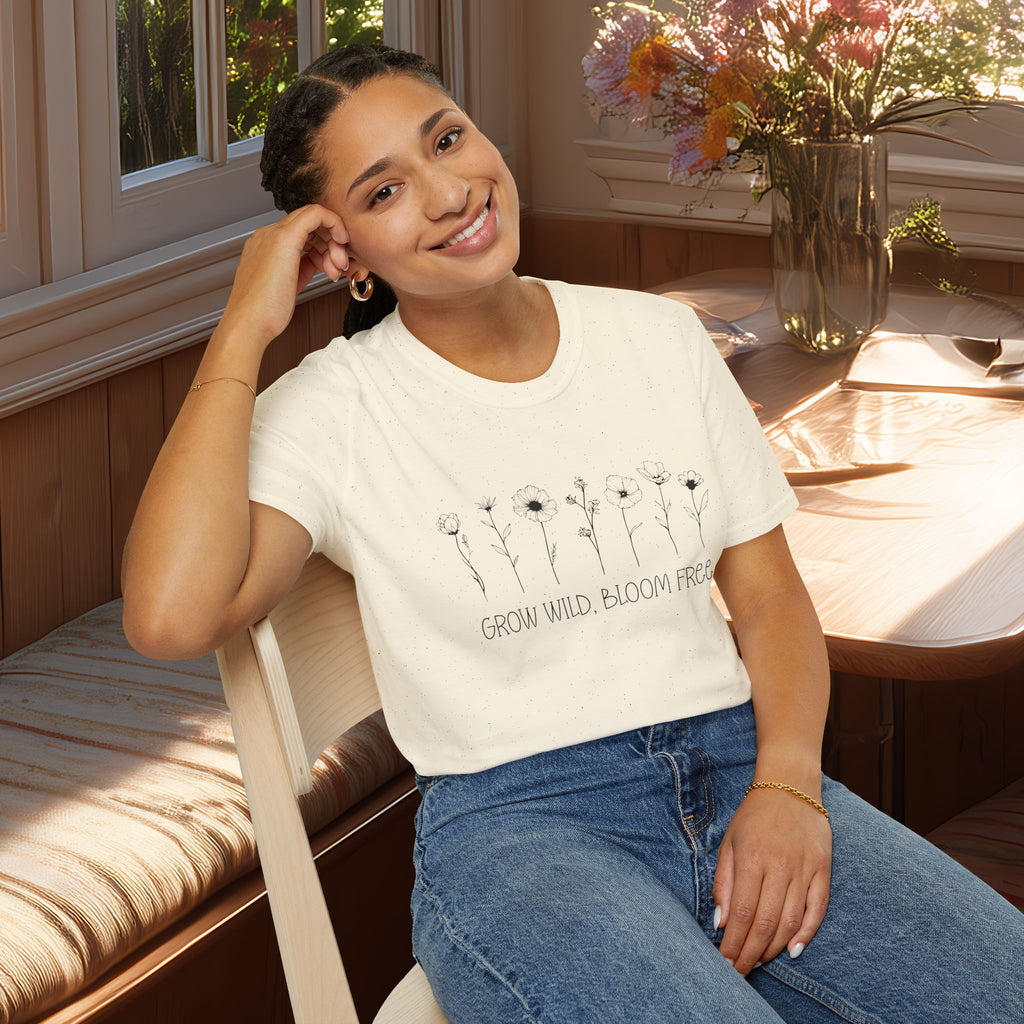 Grow Wild, Bloom Free Wildflower Line Art Motivational T-Shirt