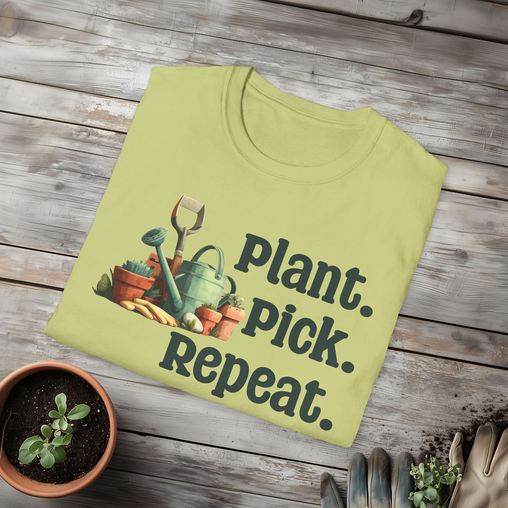 Plant Pick Repeat, Cartoon Gardener T-Shirt