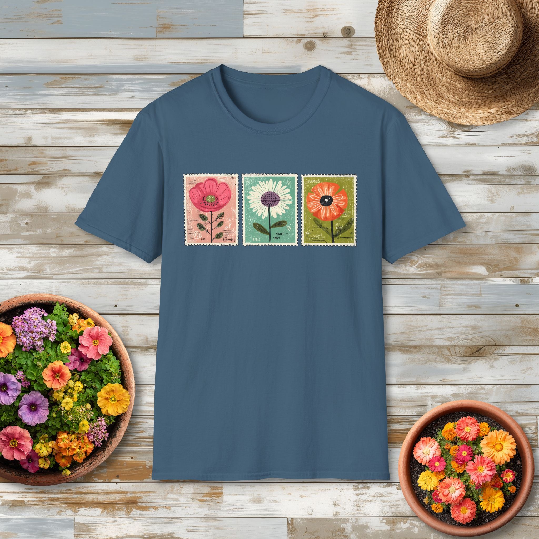 Charming Floral Stamp Trio T-Shirt for Gardeners