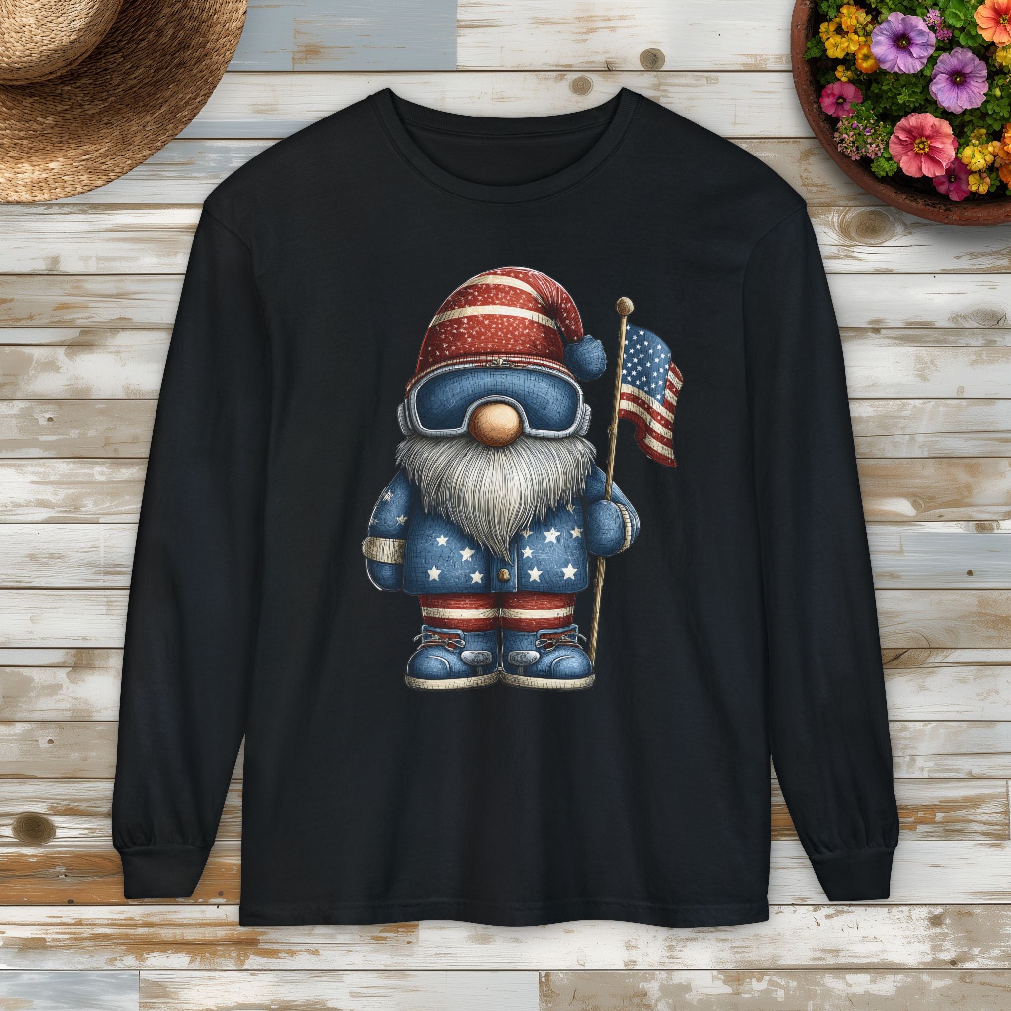 Patriotic Winter Sports Garden Gnome Long Sleeve Tee