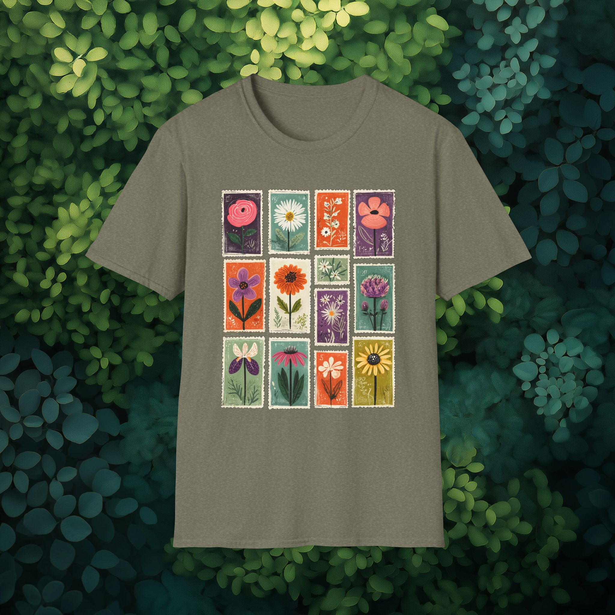 Charming Flower Stamp Collage T-Shirt for Gardeners