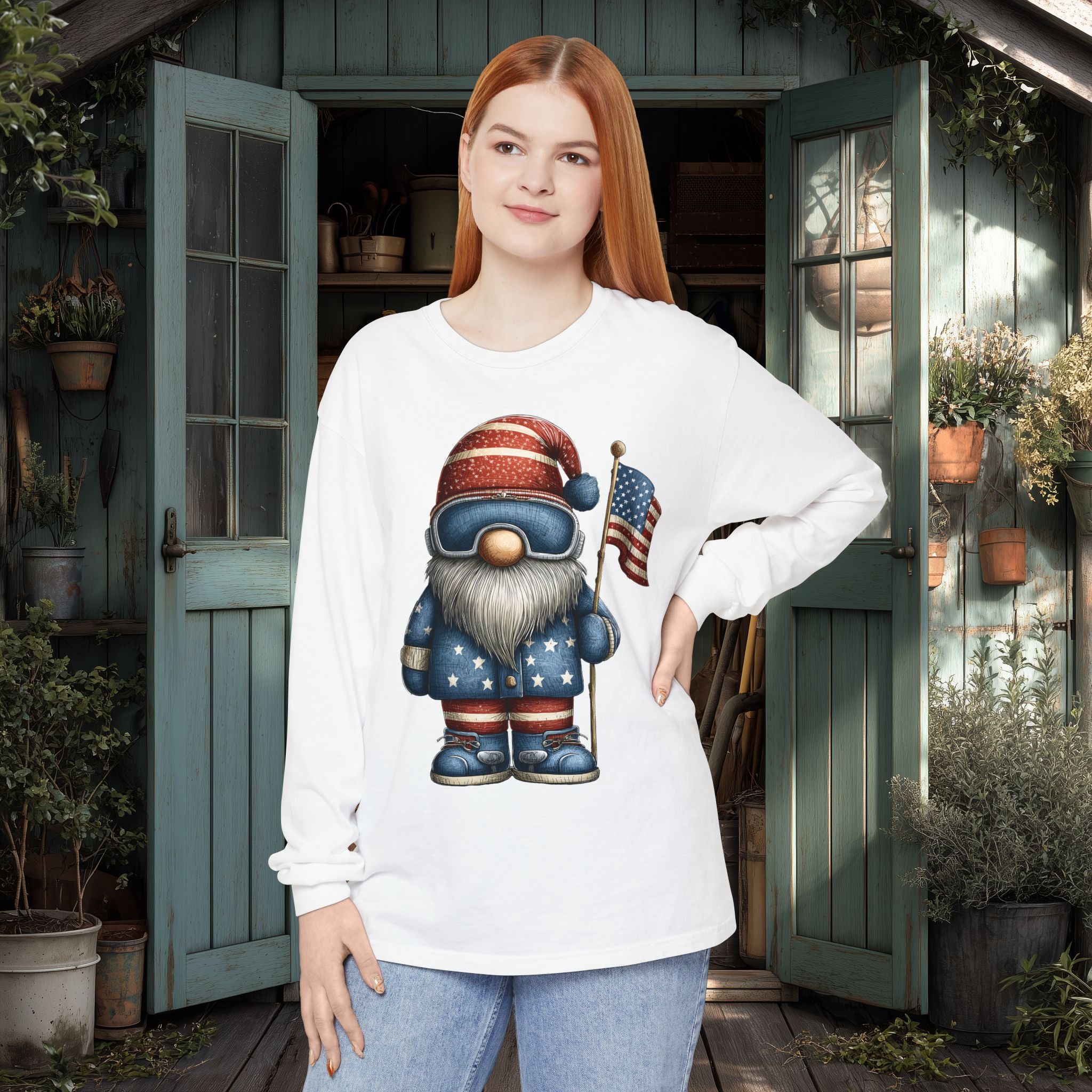 Patriotic Winter Sports Garden Gnome Long Sleeve Tee
