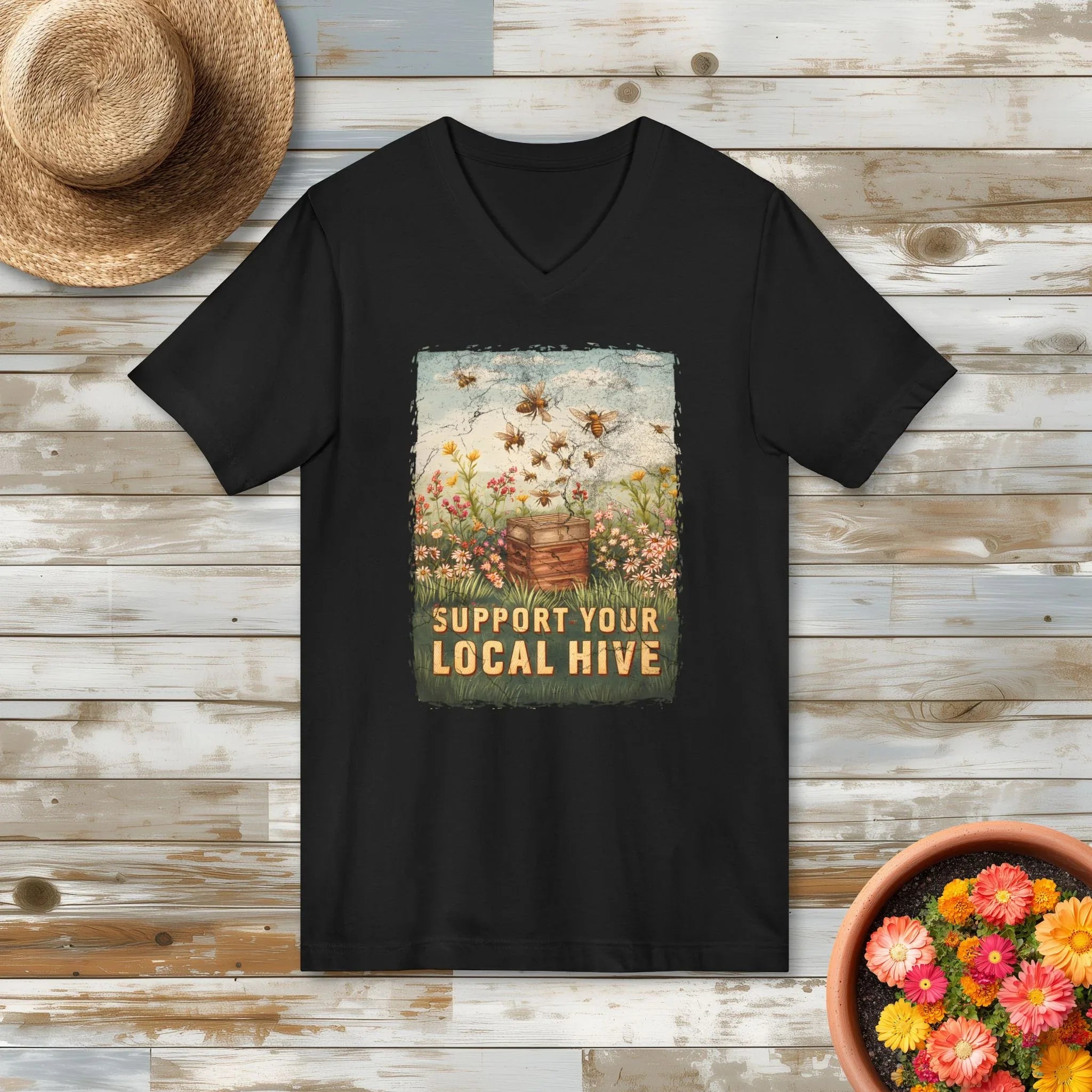 Vintage Support Your Local Hive Bee Lover V-Neck Tee