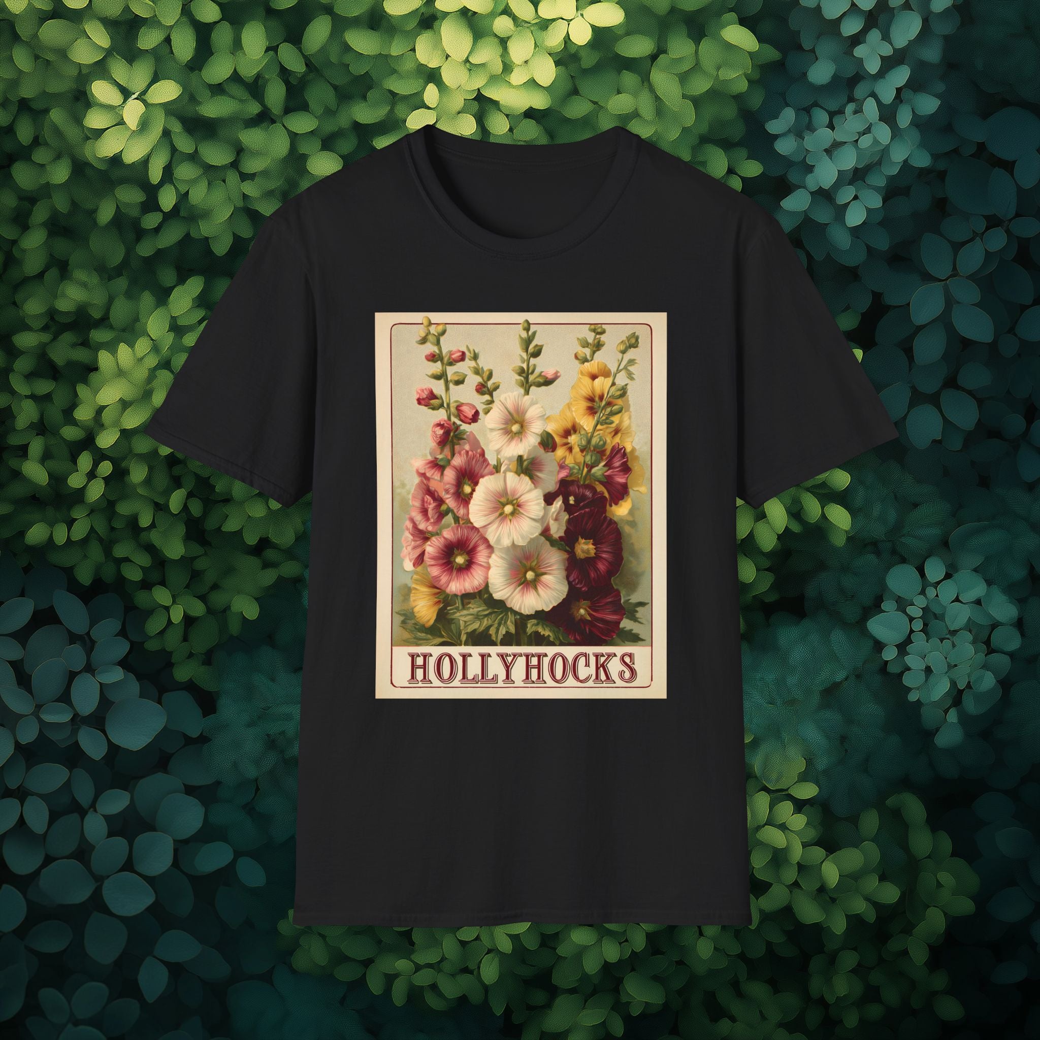 Vintage Hollyhock Seed Packet Unisex T-Shirt for Gardeners, Nature Lovers, Summer Casual Wear