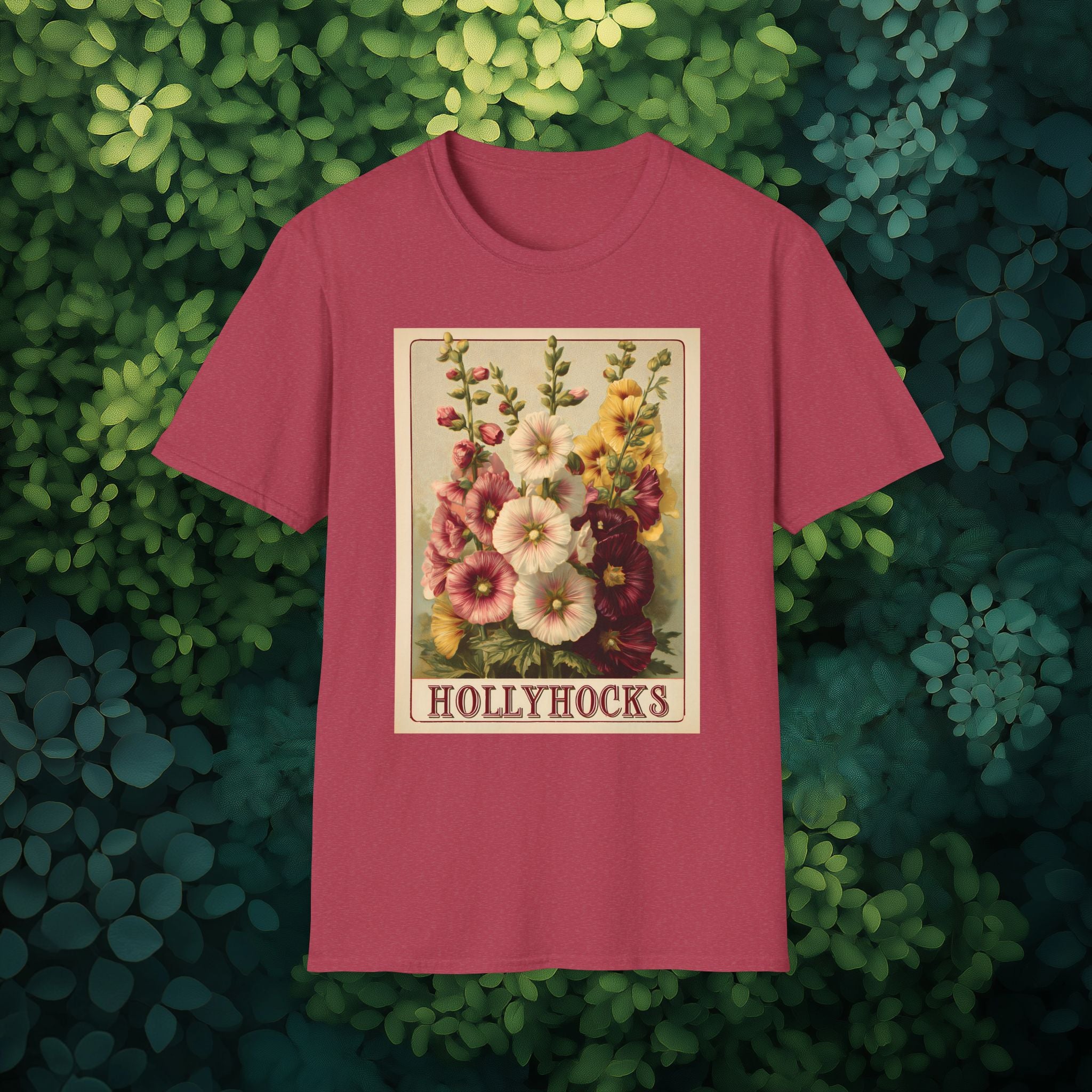 Vintage Hollyhock Seed Packet Unisex T-Shirt for Gardeners, Nature Lovers, Summer Casual Wear